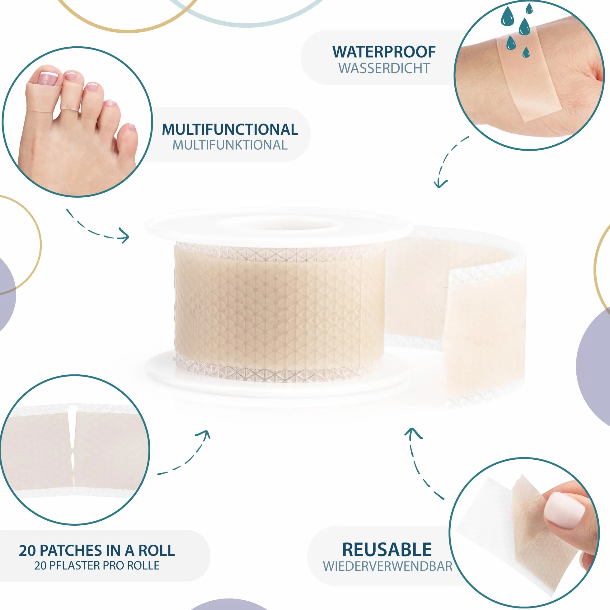 HALUTO plaster na pęcherze w rolce - perforowany plaster silikonowy - plaster hydrokoloidowy na palce, stopę i dłoń - plaster na piętę - na otarcia, odciski, bolące miejsca