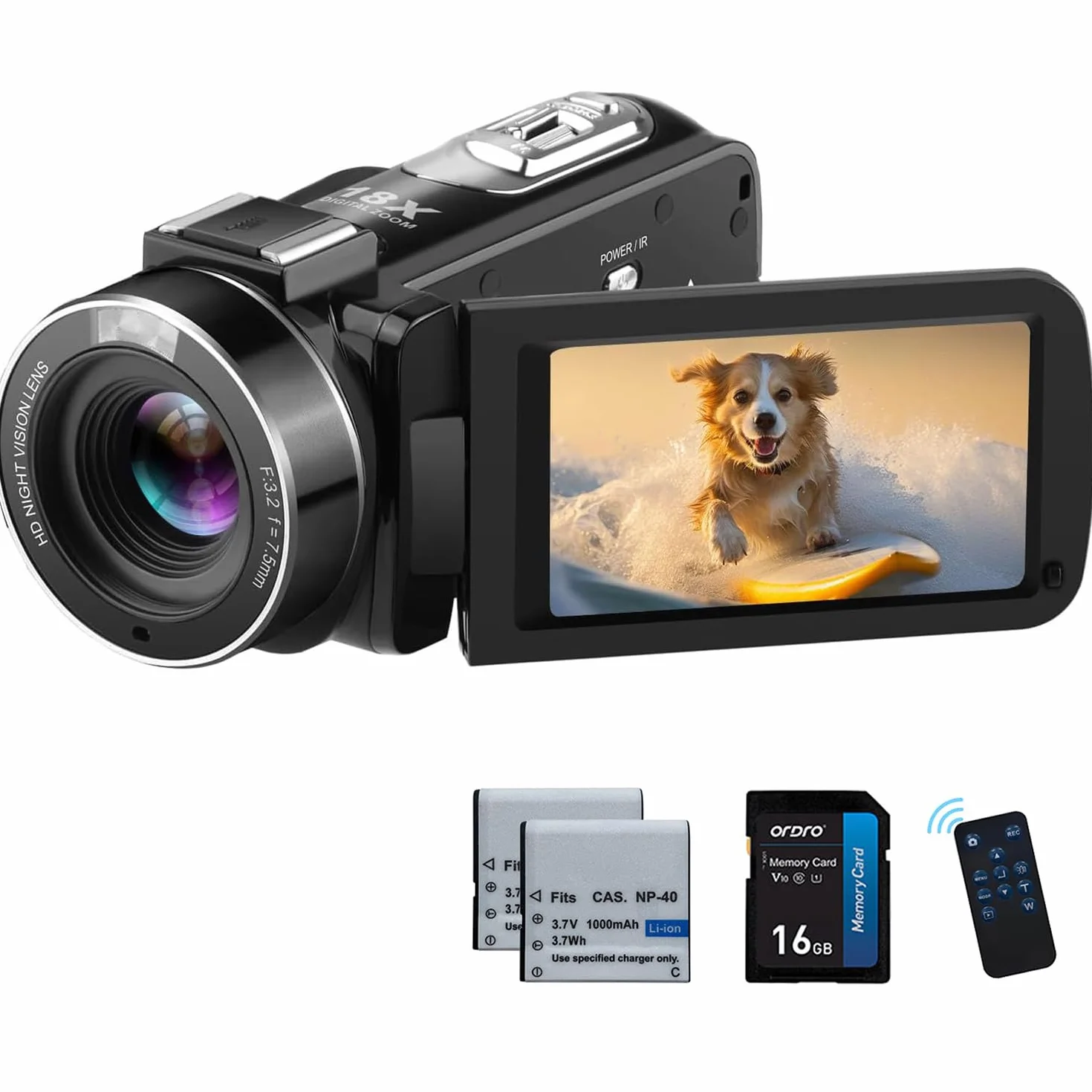 ORDRO Full HD 1080P 30MP kamera wideo 18x zoom cyfrowy IR noktowizor 3,0" obrotowy ekran 16GB 2 akumulatory czarny