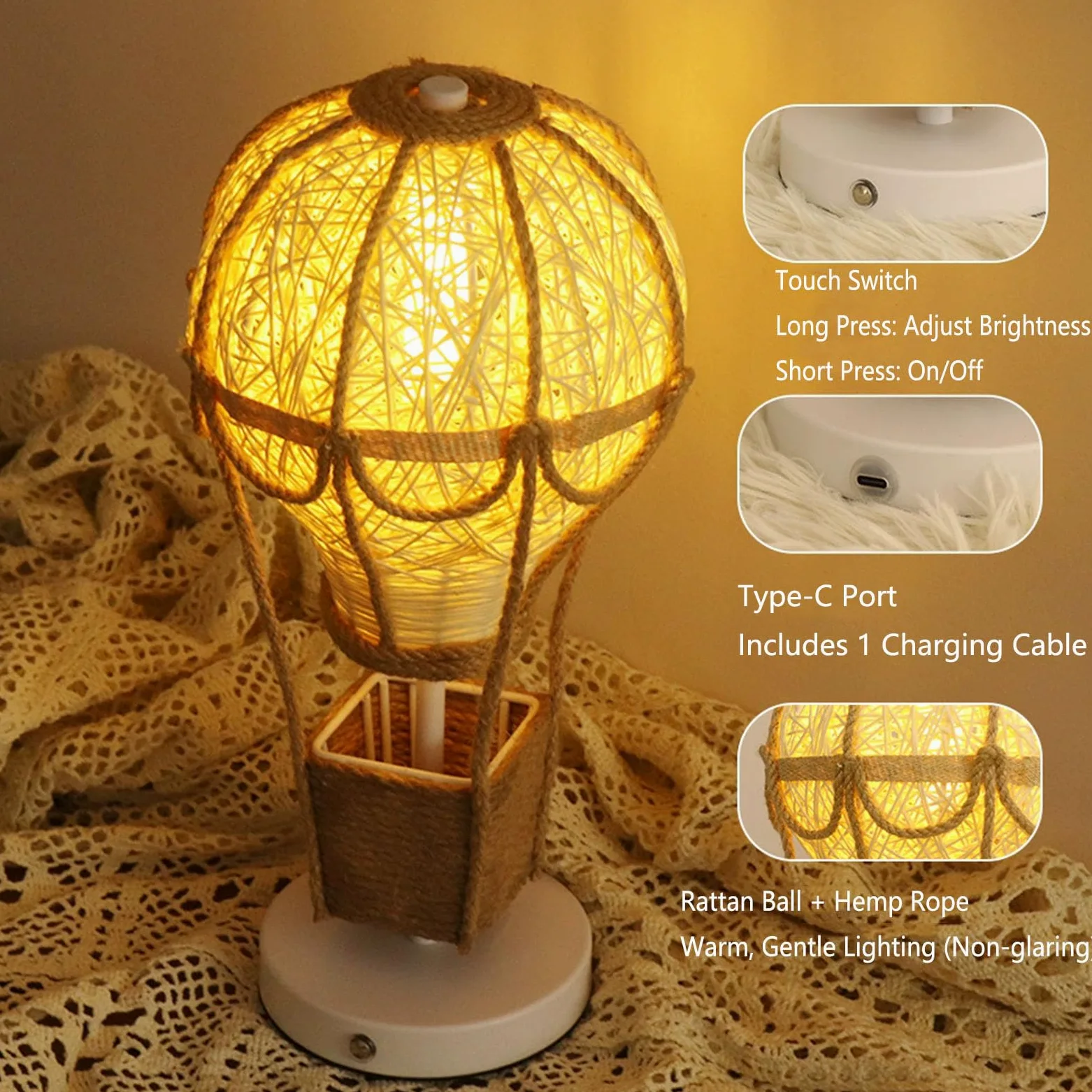 Lampa Kształcie Balonu Ogrzane Powietrze Ręcznie Robiona Imitacji Lnu Dekoracyjna Ciepła Lampa Pokoju Dziecięcego Sypialni Przenośna Lampka Nocna Kształcie Plecionego Kosza Wyjątkowa Serce Lampa Domu