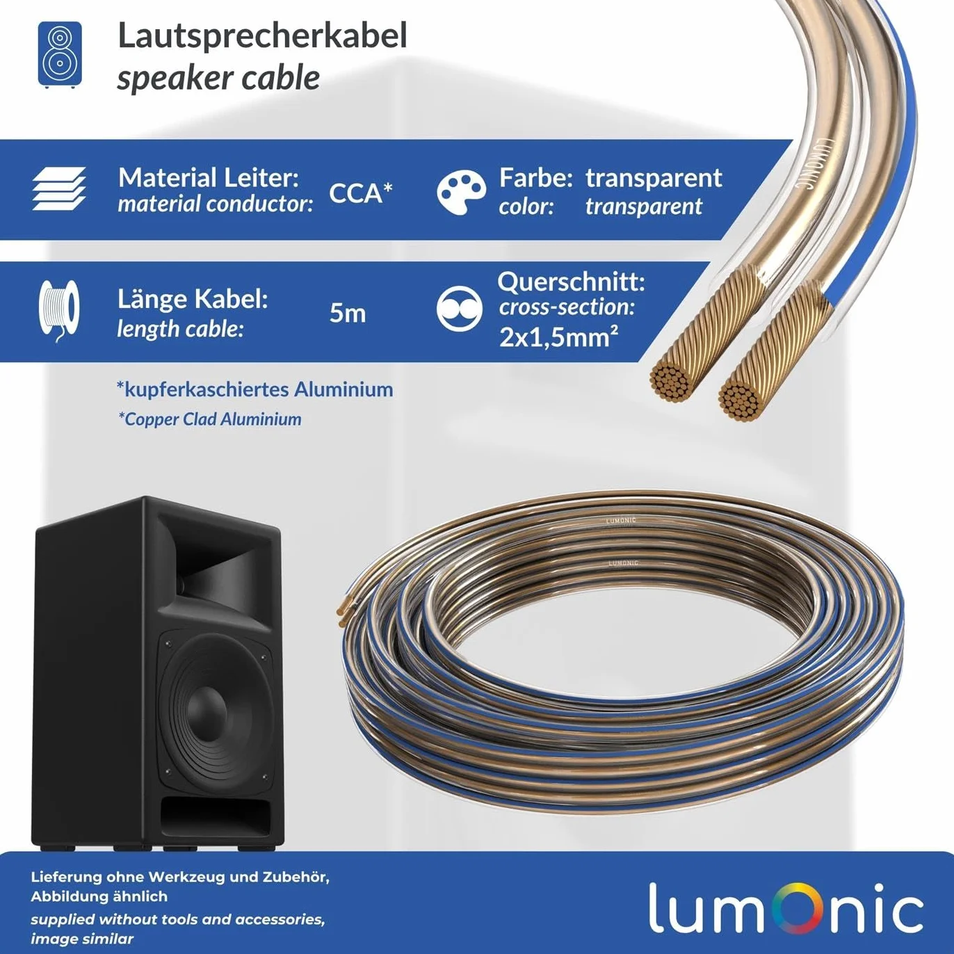 Lumonic Kabel głośnikowy 5m Przezroczysta 2x1,5mm² CCA Niebieskie oznaczenie HiFi Podwójna linia audio