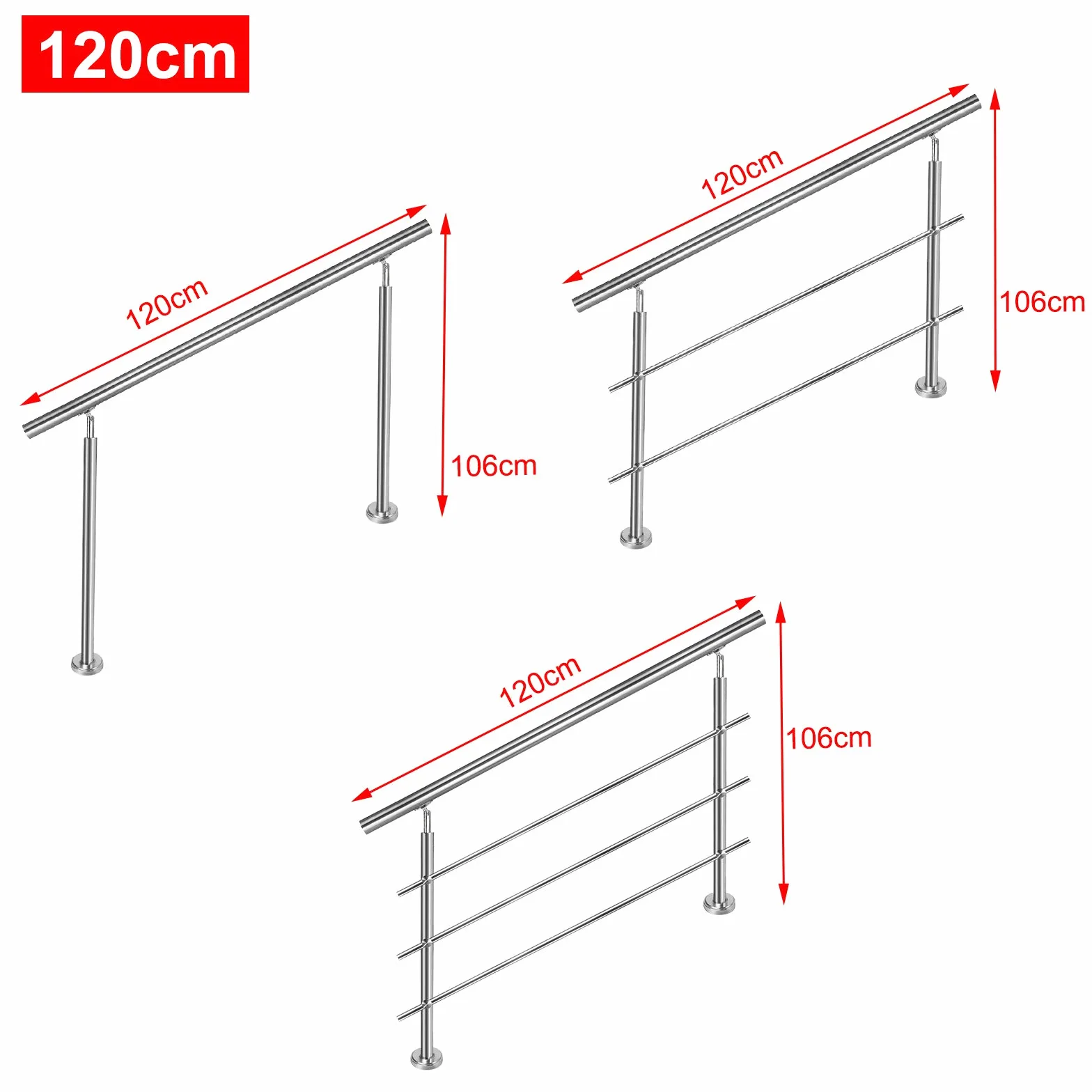 Aufun Poręcz ze stali nierdzewnej, 120 cm, poręcz schodowa do wewnątrz i na zewnątrz, z 2 słupkami, do schodów, balustrady, na balkon (120 cm, 2 poprzeczki)