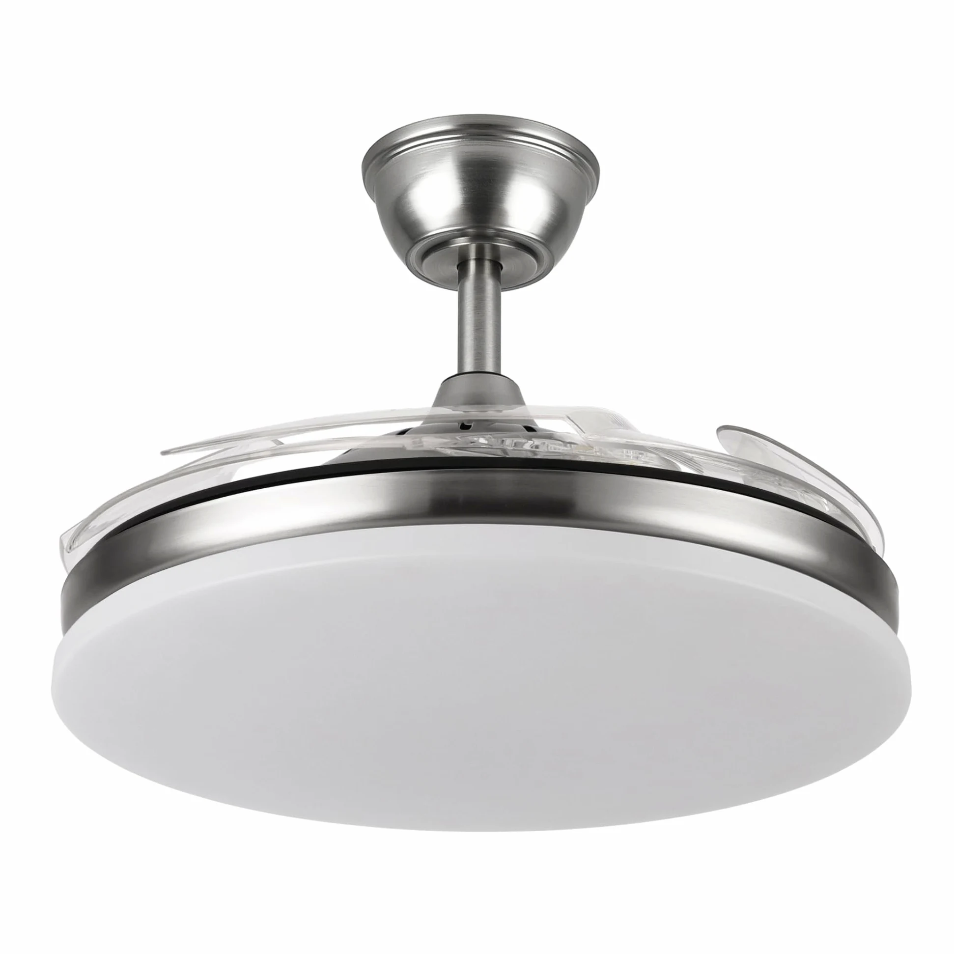 Yatek KALA Wentylator Sufitowy LED Nikiel, chowane przezroczyste łopatki, cichy silnik DC, pilot, ściemniane światło 59 W, 6980 lm, 6 prędkości, funkcja lato/zima, Ø 107 cm