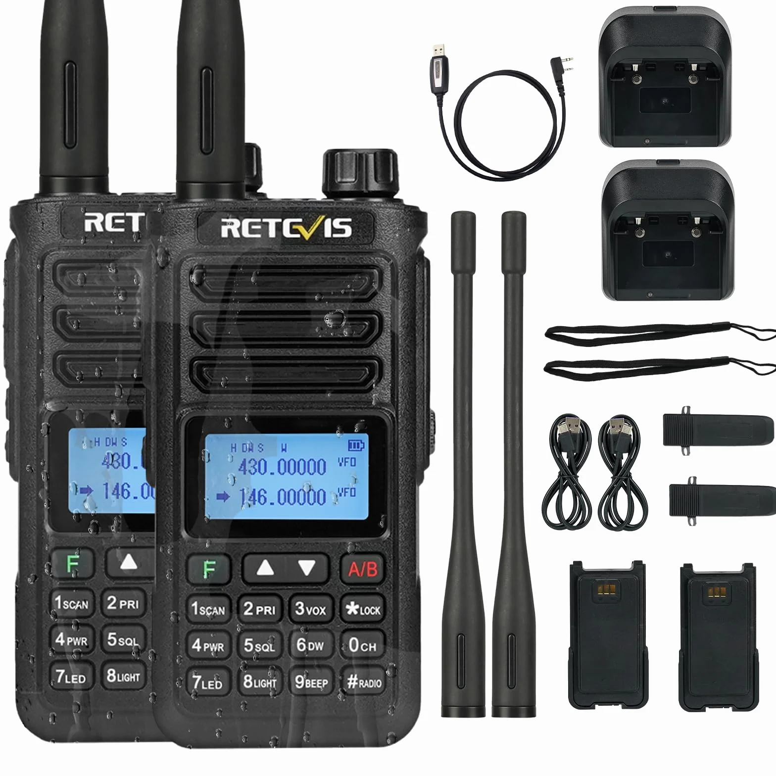 Retevis RA89 Ham Radio, Dwuzakresowe Radio Amatorskie, Wodoodporność IP68, 2500 mAh, 2 Szt., Czarny