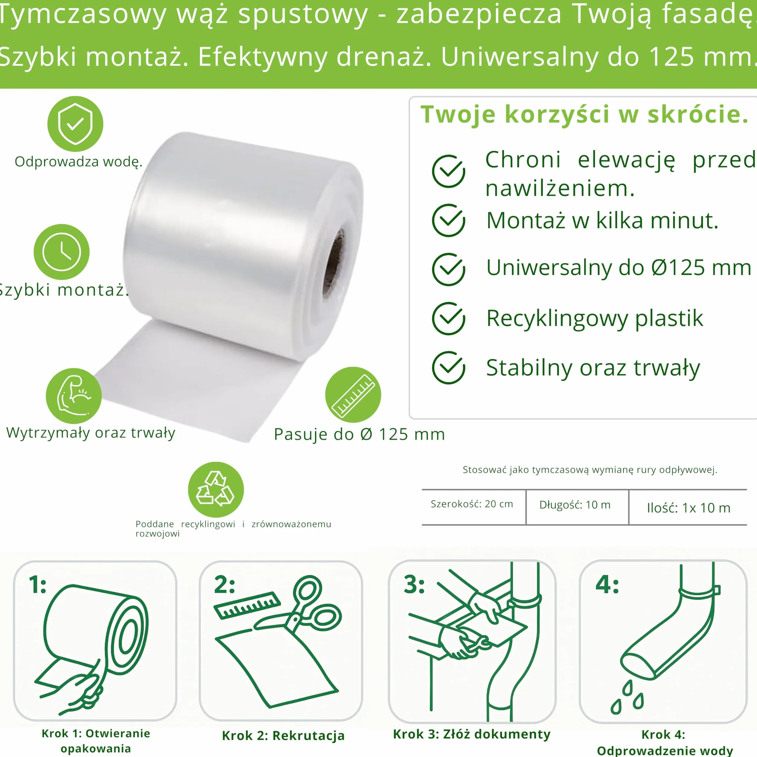 Tymczasowy wąż rynny dachowej, 10 m, zamiennik rury spustowej, wąż rynny deszczowej