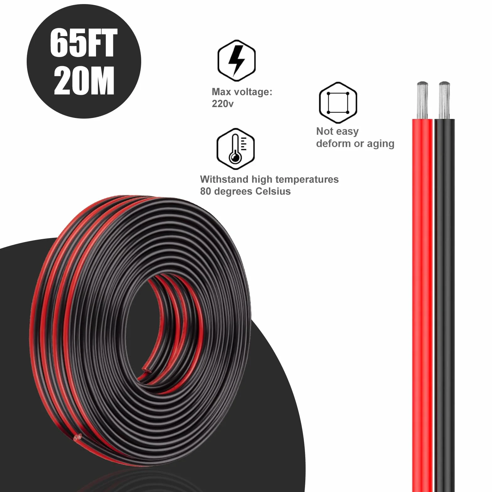 ADNEWX® 20 m 2 pin 22AWG czerwony i czarny przewód PVC LED przedłużacz 12 V jest często stosowany w przypadku lamp/taśmy LED i okablowania elektronicznego