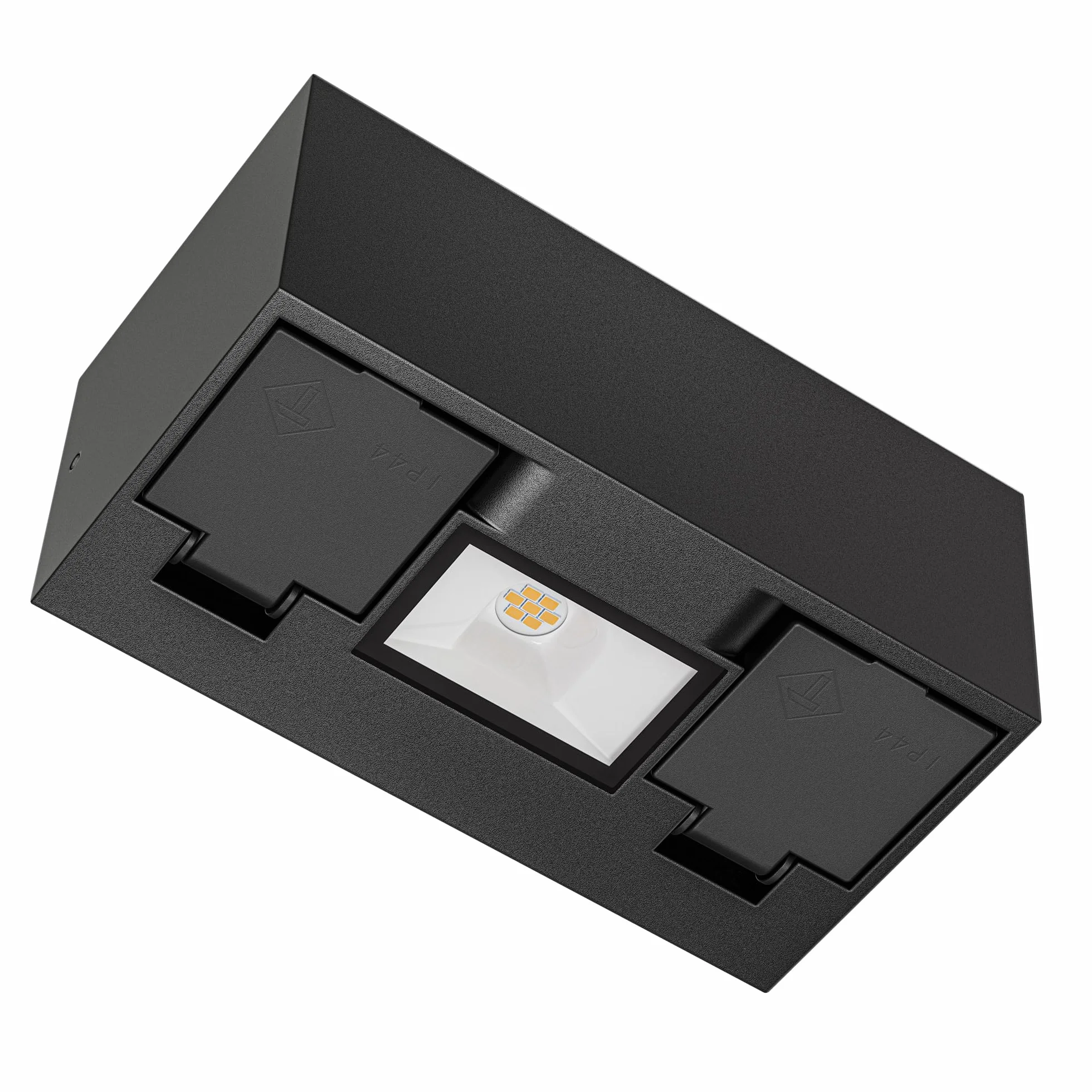 ledscom.de Gniazdo ścienne WAST do zastosowań zewnętrznych, IP44, 2-krotne, czarne, z downlightem LED, 430 lm, ciepła biel