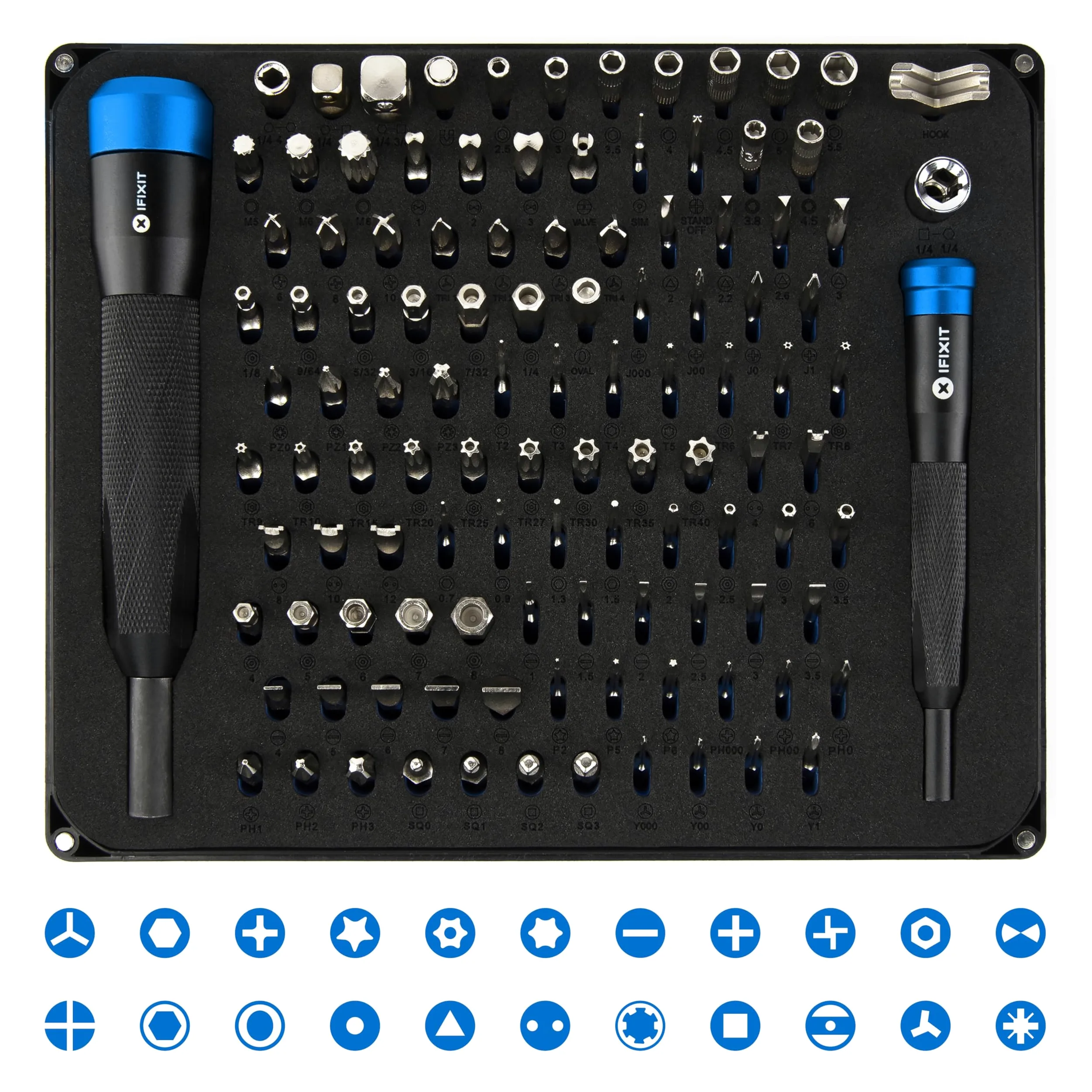 iFixit Manta Precision Bit Set, Zestaw bitów z 2 śrubokrętami i 112 bitami: mini bity (4 mm) dla elektroników i bity standardowe 1/4 cala
