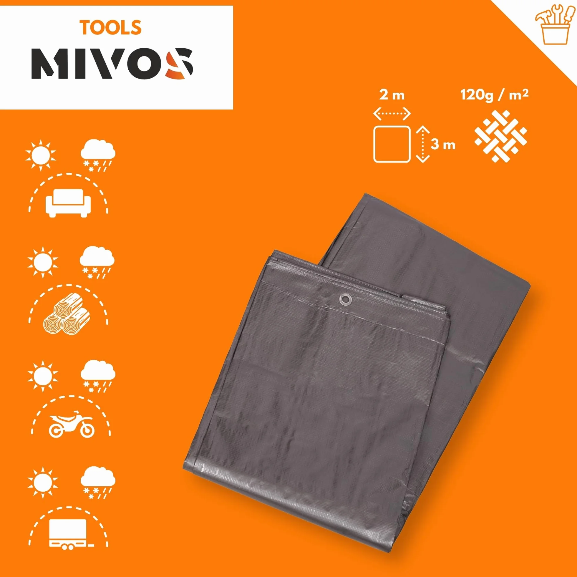 MIVOS Wodoodporna Plandeka Srebrna - PP PE - Ochrona Przed Pleśnią Do Samochodów, Mebli Ogrodowych Z Drewna - Z Aluminiowymi Szlufkami, 2 x 3