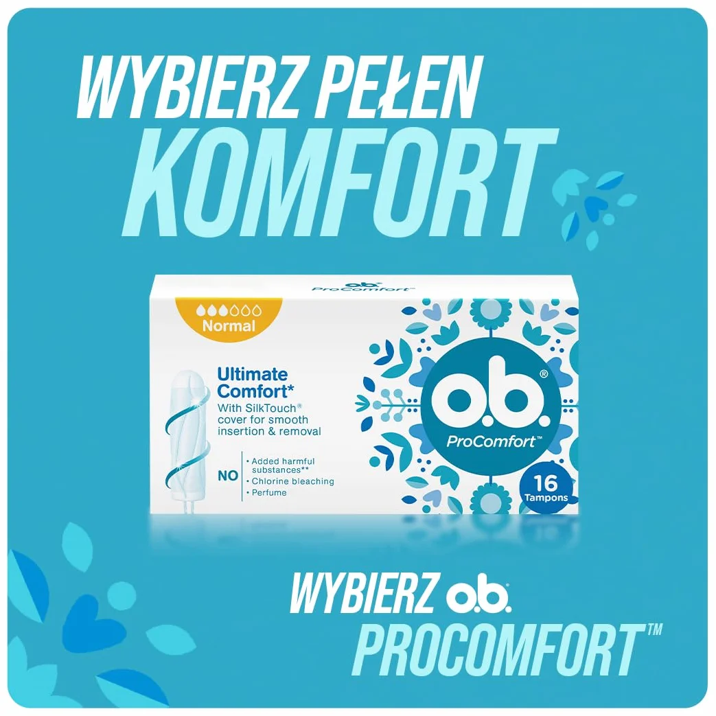o.b. ProComfort Super Plus Tampony 32 szt., Łatwa aplikacja i usuwanie tamponu, Na bardzo obfite krwawienie, Wnętrze tamponu wykonane w 100% z materiałów pochodzenia roślinnego