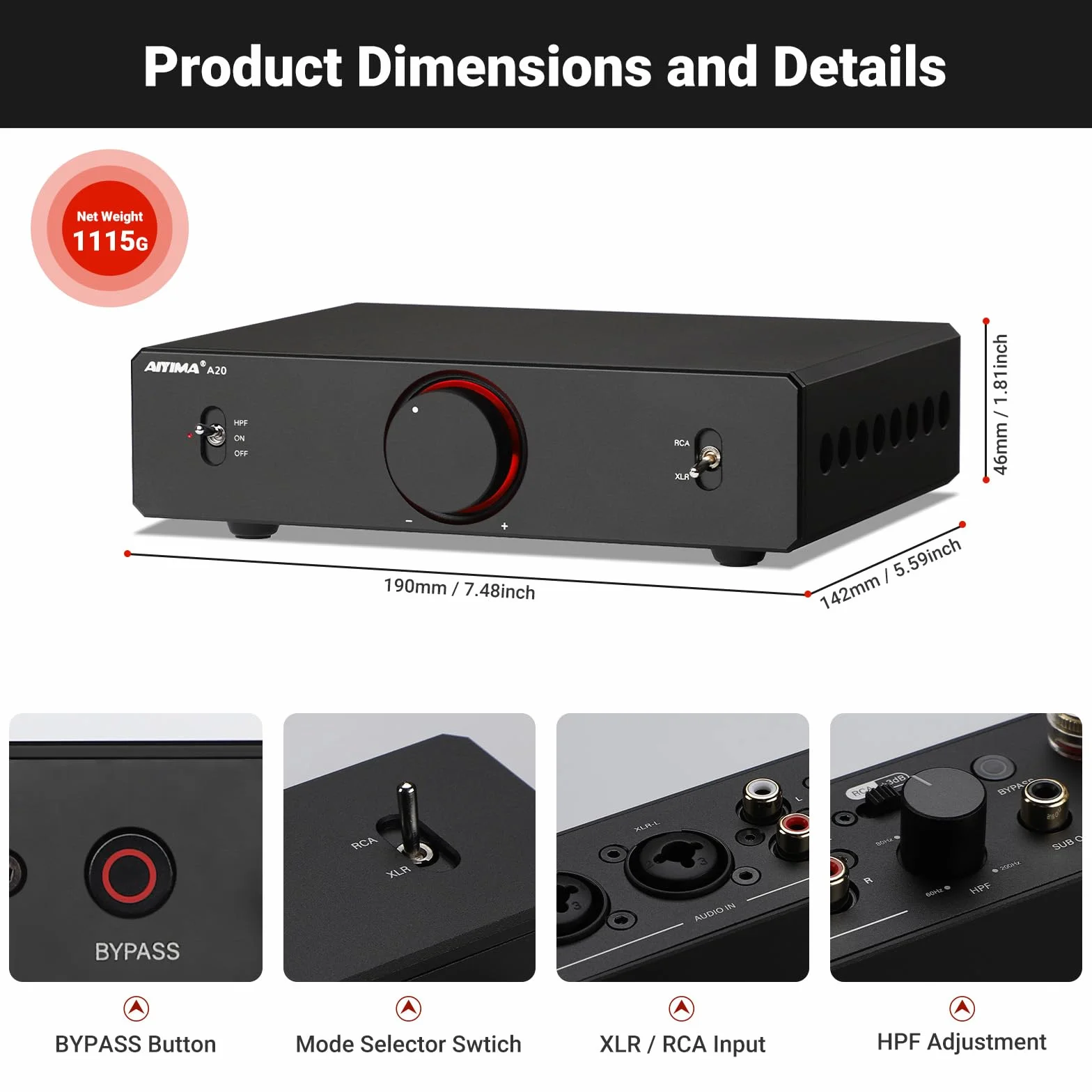 AIYIMA A20 Zbalansowany wzmacniacz stereo TPA3255 HiFi 2.0/2.1 klasy D PFFB RCA/XLR 12V