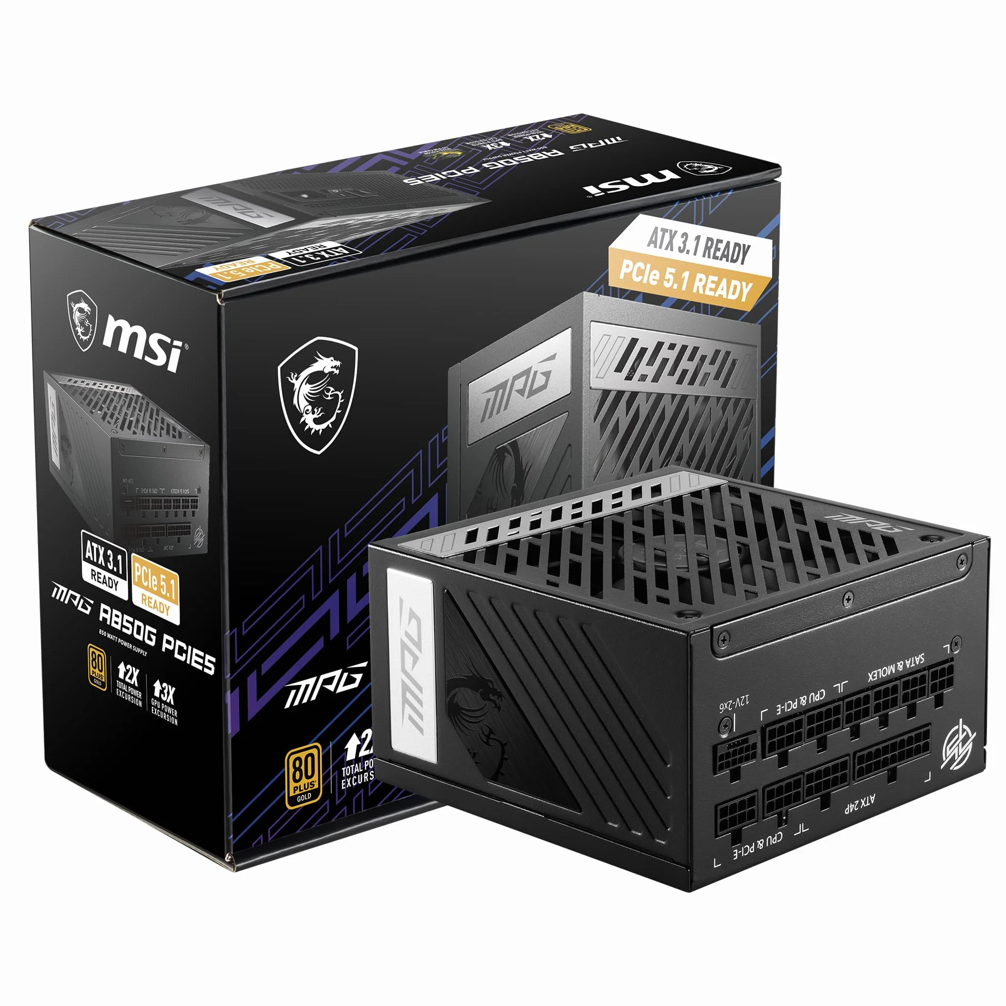 MSI MPG A850G PCIE5 zasilacz sieciowy 850 W 80 Plus Gold w pełni modułowy ATX 3.0 PCIe 5.0 GPU japońskie kondensatory 105°C 0% RPM czarny
