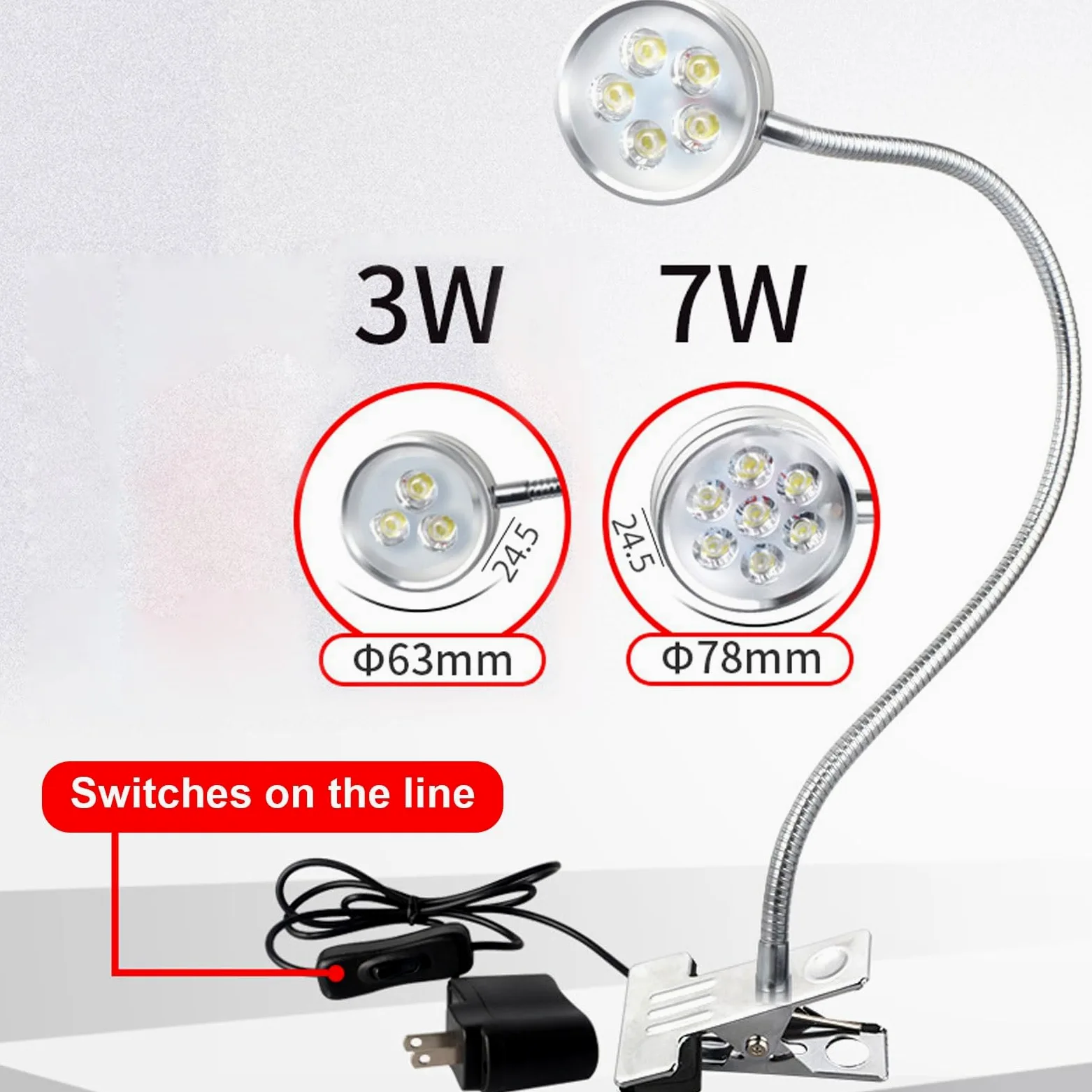 3/7W Elastyczna lampa robocza z gęsią szyją Wodoodporna lampa maszynowa, lampa robocza LED ze przełącznikiem, przemysłowe reflektory oświetleniowe z podstawą zaciskową, oświetlenie