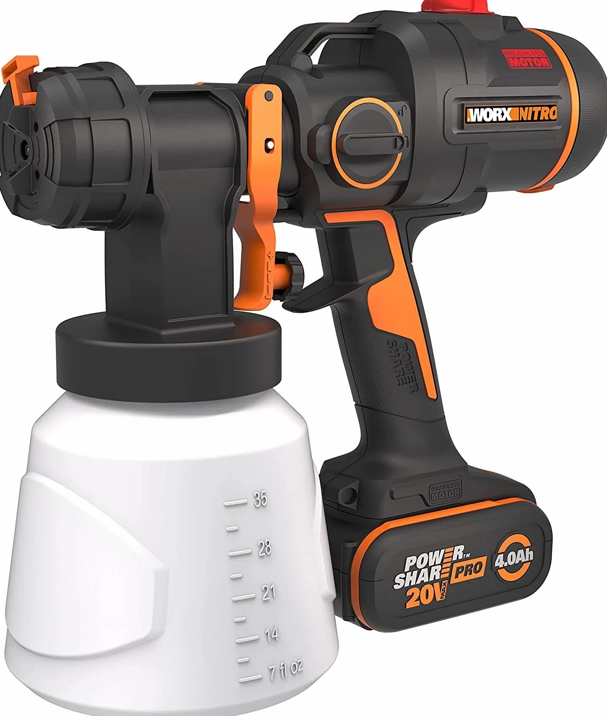 WORX Nitro - Bezprzewodowy pistolet do malowania bezszczotkowy 20 V -2 Ah - WX020 (dostarczany z baterią i szybką ładowarką, pojemnik 1 l, 3 tryby, 4 dysze, łatwe czyszczenie)