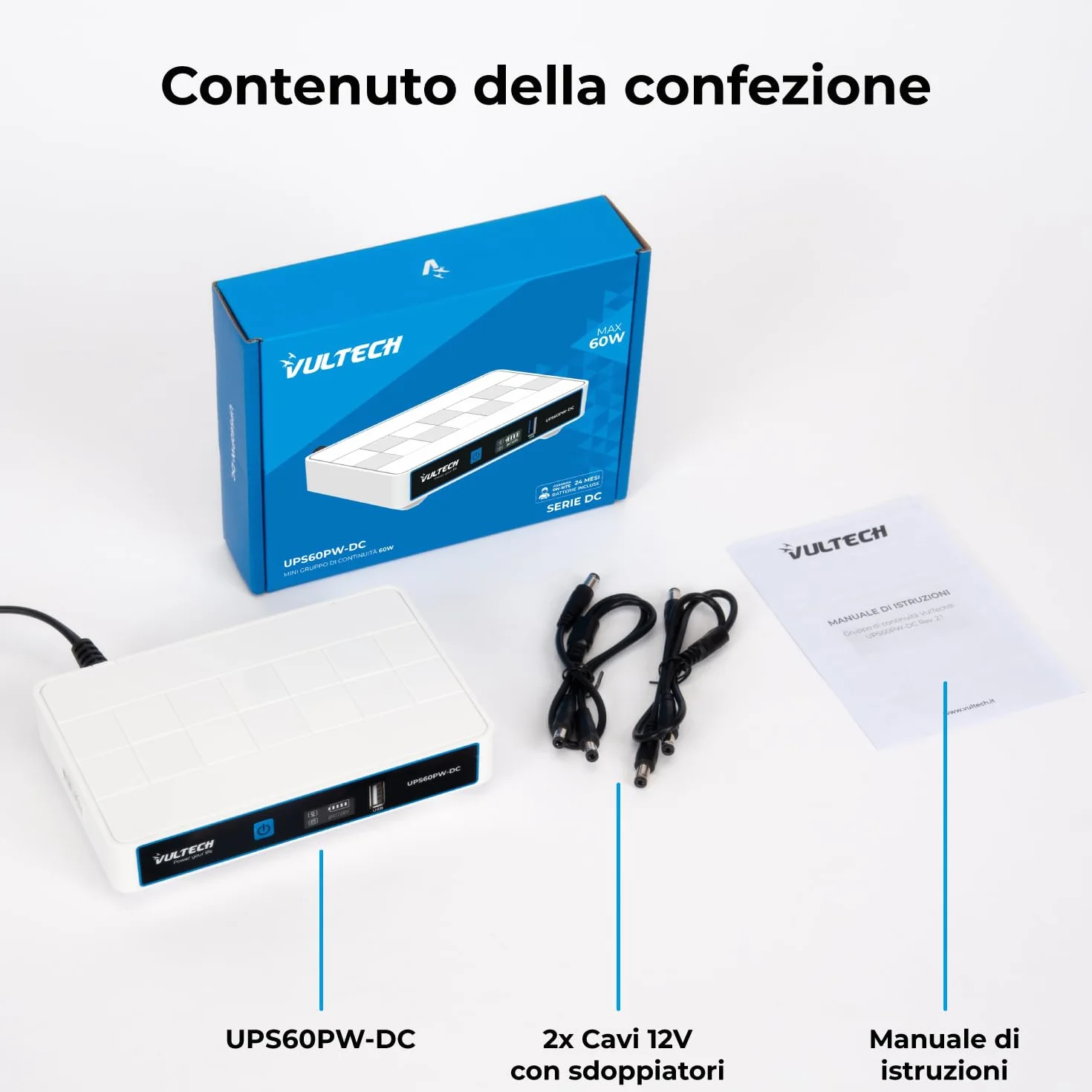 VulTech UPS60PW-DC Rev. 2.1 Biały Mini UPS 6000 mAh 60 W Przenośny zasilacz awaryjny do modemu routera bezprzewodowego Kamera Power Bank Smartphone Wejście 100-240 VAC USB 5 V DC 12 V