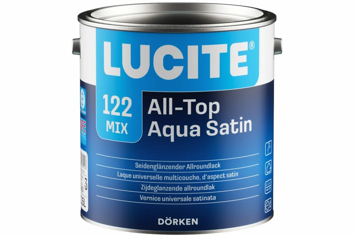 LUCITE All-Top Aqua satyna, 2,5 l – jedwabisty połysk, na bazie wody, gruby lakier uniwersalny na specjalnej bazie akrylu. System jednopłoniowy do lakierowania podstawowego i kryjącego wewnątrz i na zewnątrz.