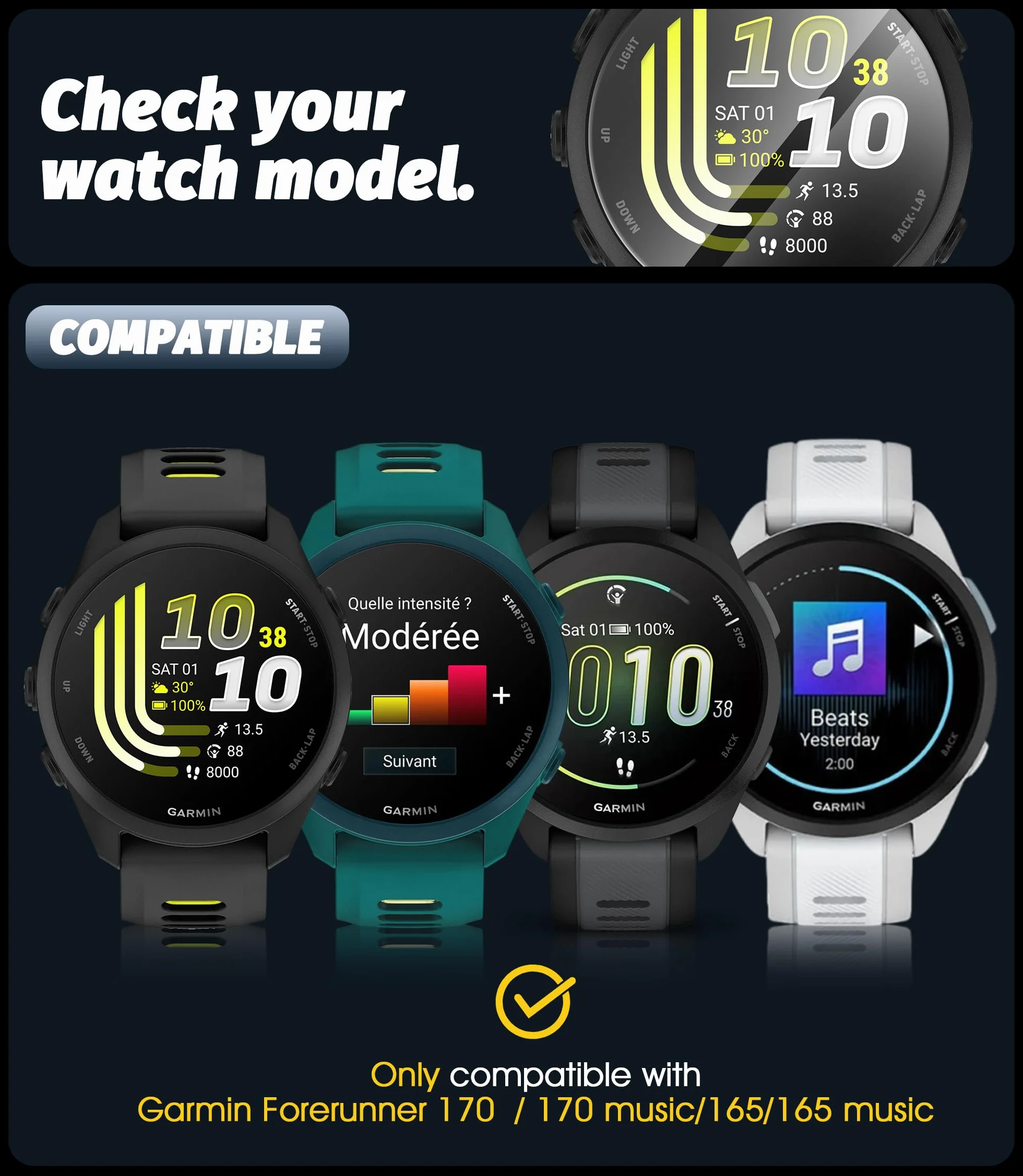 NEWZEROL 2 szt. Ochraniacz ekranu kompatybilny z Garmin Forerunner 170/170 Music/165/165 Music z ramą montażową, odporna na zarysowania 9H folia ochronna ze szkła hartowanego o wysokiej rozdzielczości
