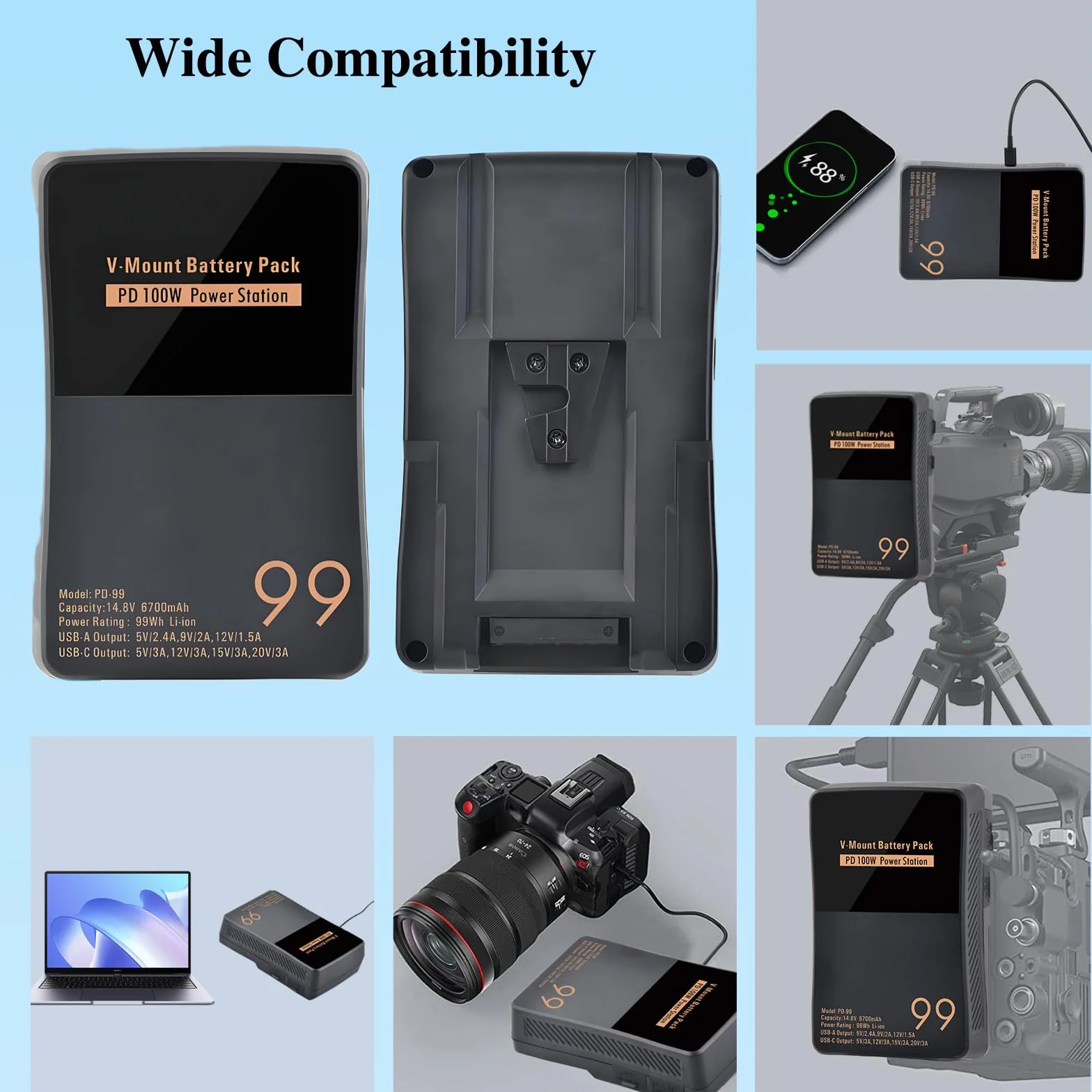 V Mount/V-Lock akumulator 99 Wh 6700 mAh Mini V-Mount akumulator z PD 100 W USB-C kabel do szybkiego ładowania i wtyczka PD 65 W do kamkordera, aparatu, monitora polowego, oświetlenia wideo