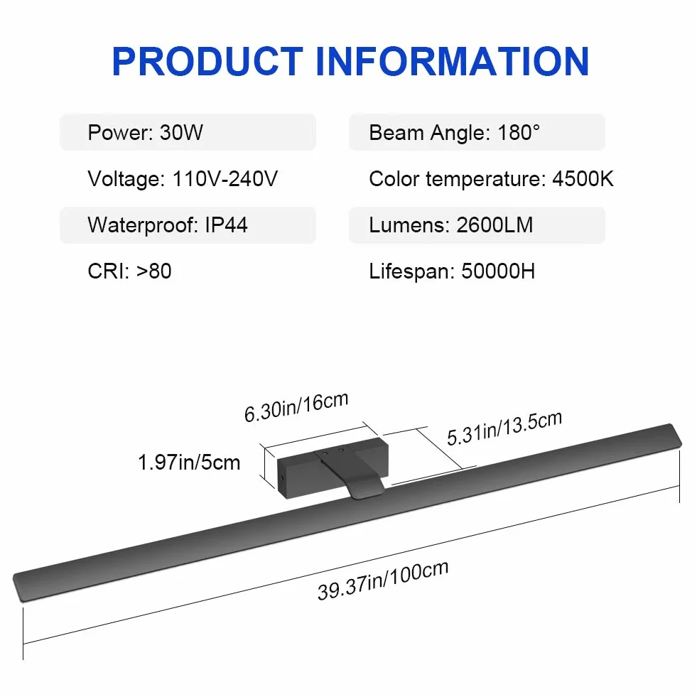 Klighten Lampa do lustra łazienkowego, 100 cm, 30 W, IP44, nowoczesna lampa ścienna do łazienki, 180 diod LED, naturalna biel, 4500 K, czarna
