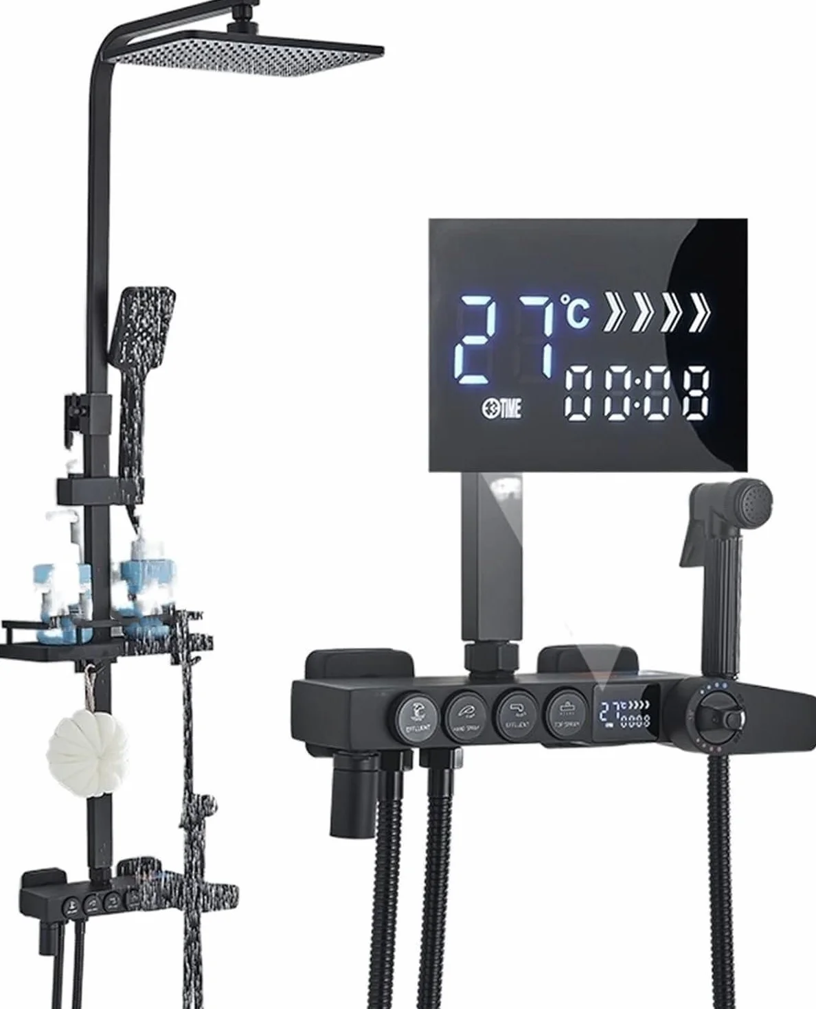 System prysznicowy, system prysznicowy matowy czarny termostatyczny bateria prysznicowa wyświetlacz cyfrowy LCD opady deszczu wanna kran z półką łazienkową zestaw prysznicowy