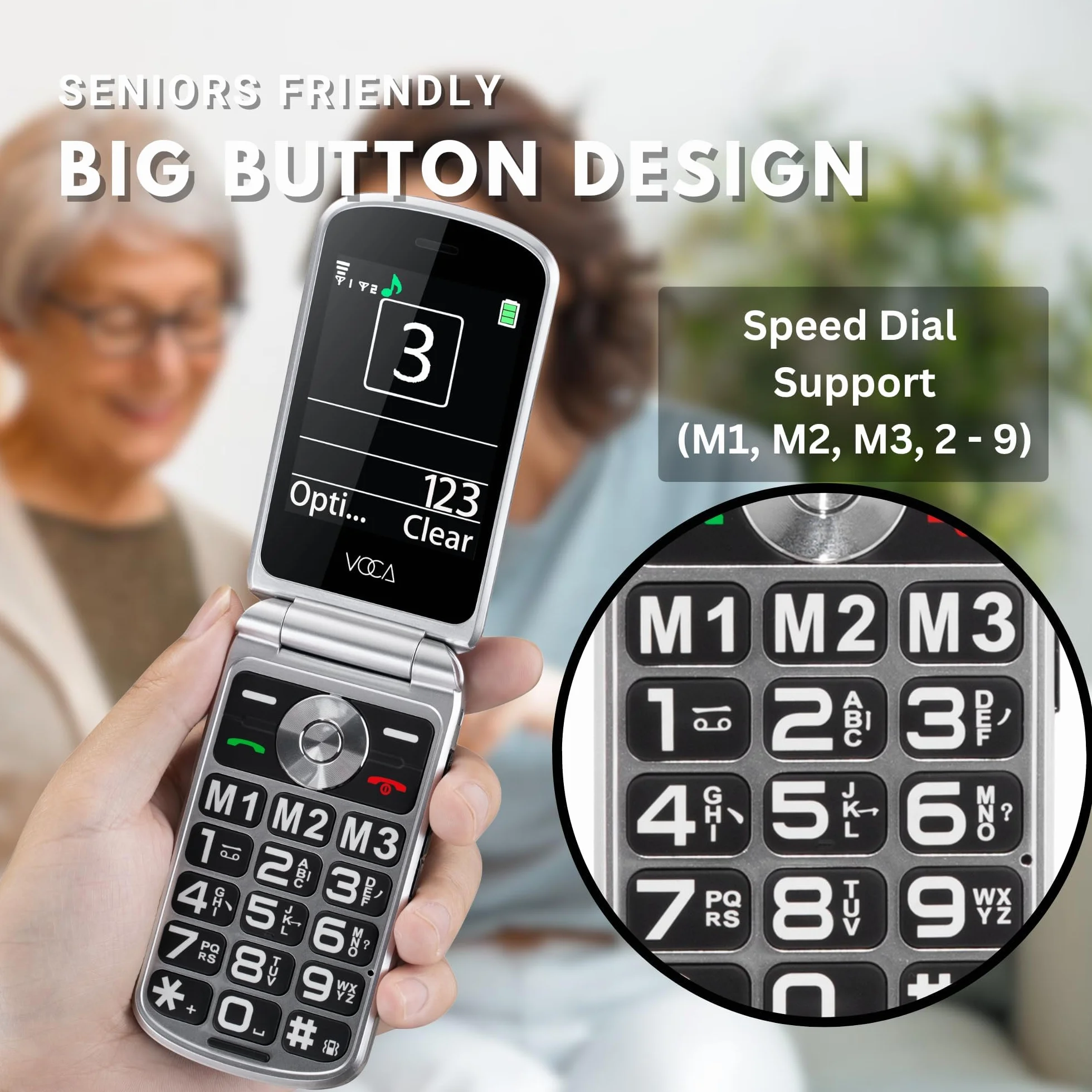 VOCA telefon z klapką z dużymi przyciskami dla seniorów, podwójny ekran, 4G, głośny dźwięk, przycisk SOS, kompatybilność z aparatami słuchowymi, stacja ładująca, przewidywanie tekstu, V543 (Czarny)