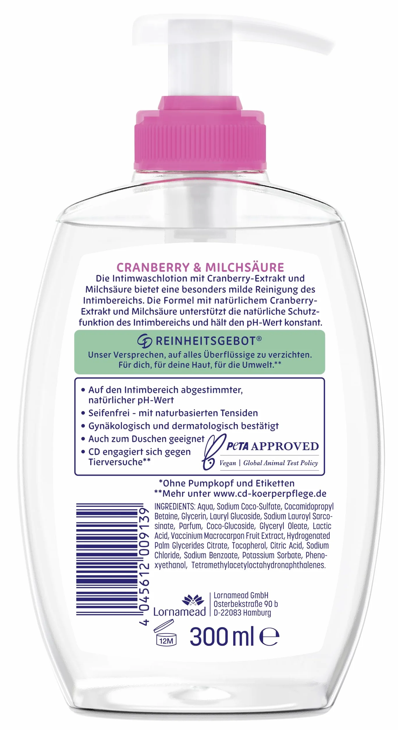 CD Wohlfühl balsam do higieny intymnej, 300 ml, wegański, do łagodnego czyszczenia okolic intymnych, z ekstraktem z żurawiny i kwasem mlekowym, pielęgnacja ciała bez mydła