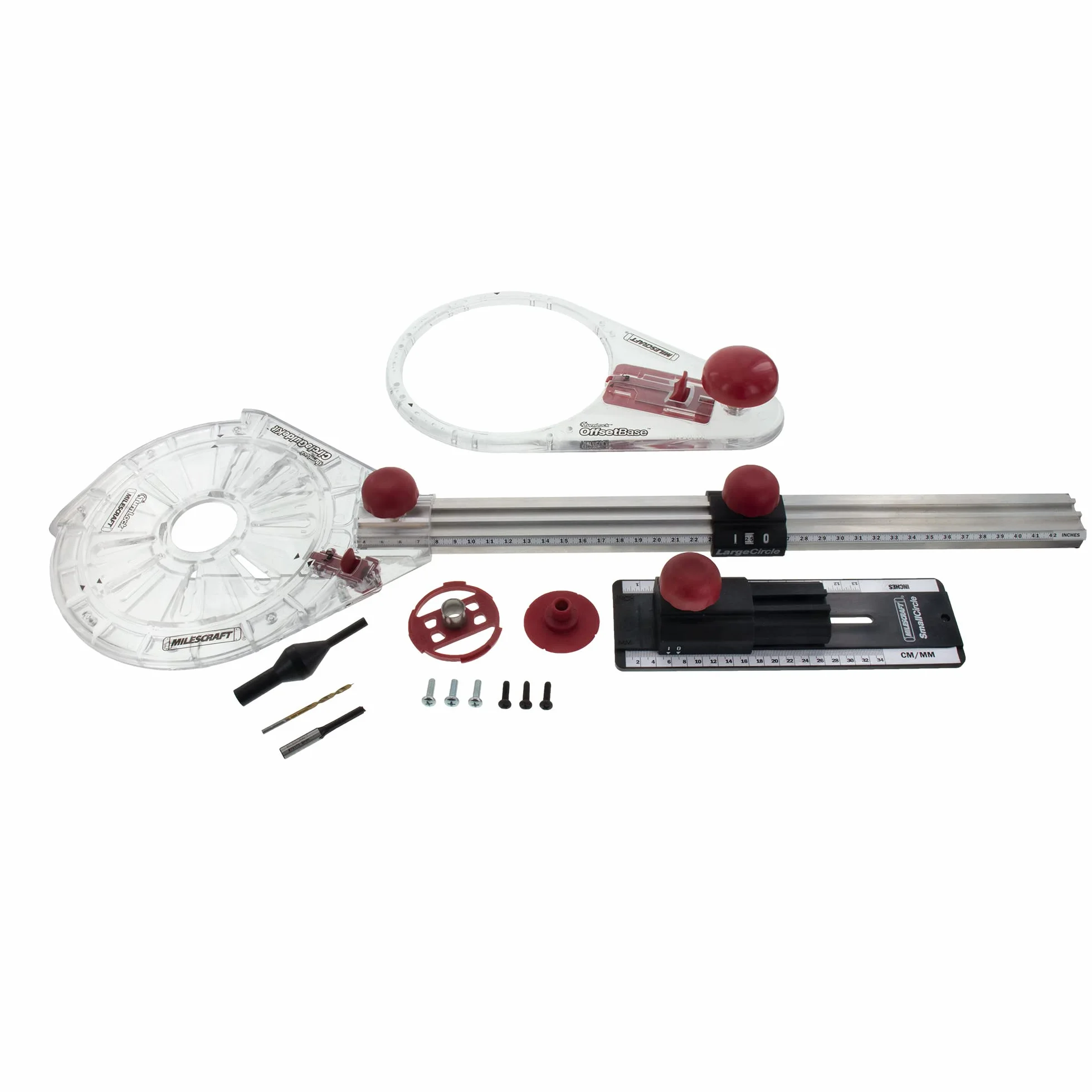 Milescraft 1219 Zestaw prowadnic do kół – frez do frezowania kół do cięcia/trasowania małych i dużych kół od 3,8 cm do 132 cm średnicy, zawiera bonusową podstawę do projektów obrzeży, czarny