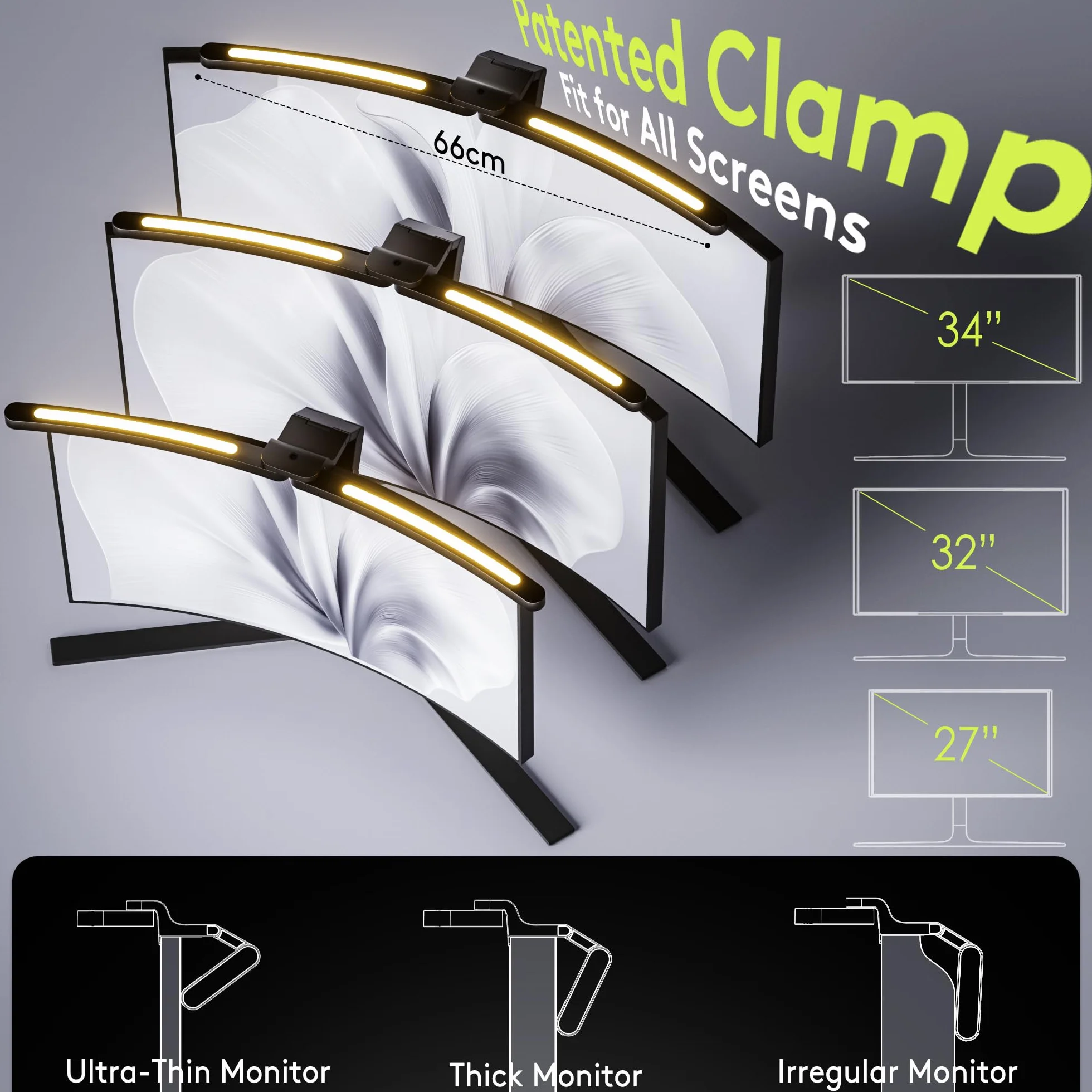 Quntis 66CM zakrzywiona lampa do monitora z pilotem i ciepłym białym podświetleniem, składana lampa do monitora z automatycznym ściemnianiem, regulowaną jasnością i temperaturą barwową