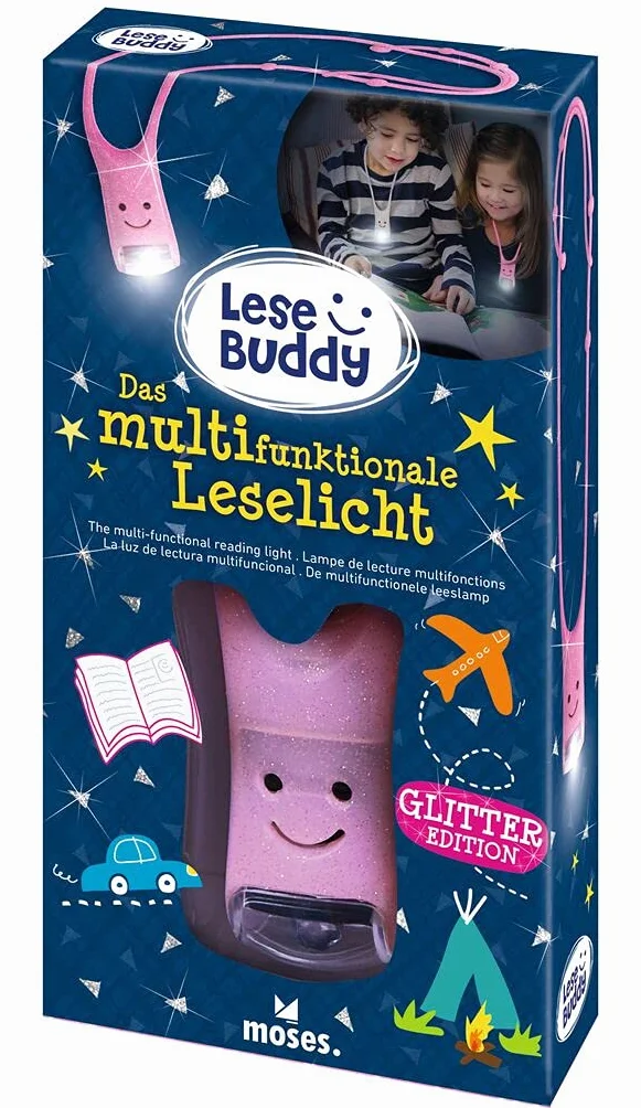 moses. Lese Buddy 26245 lampka do czytania dla dzieci | wielofunkcyjna lampka do czytania w kolorze różowym z brokatem | latarka do zawieszenia