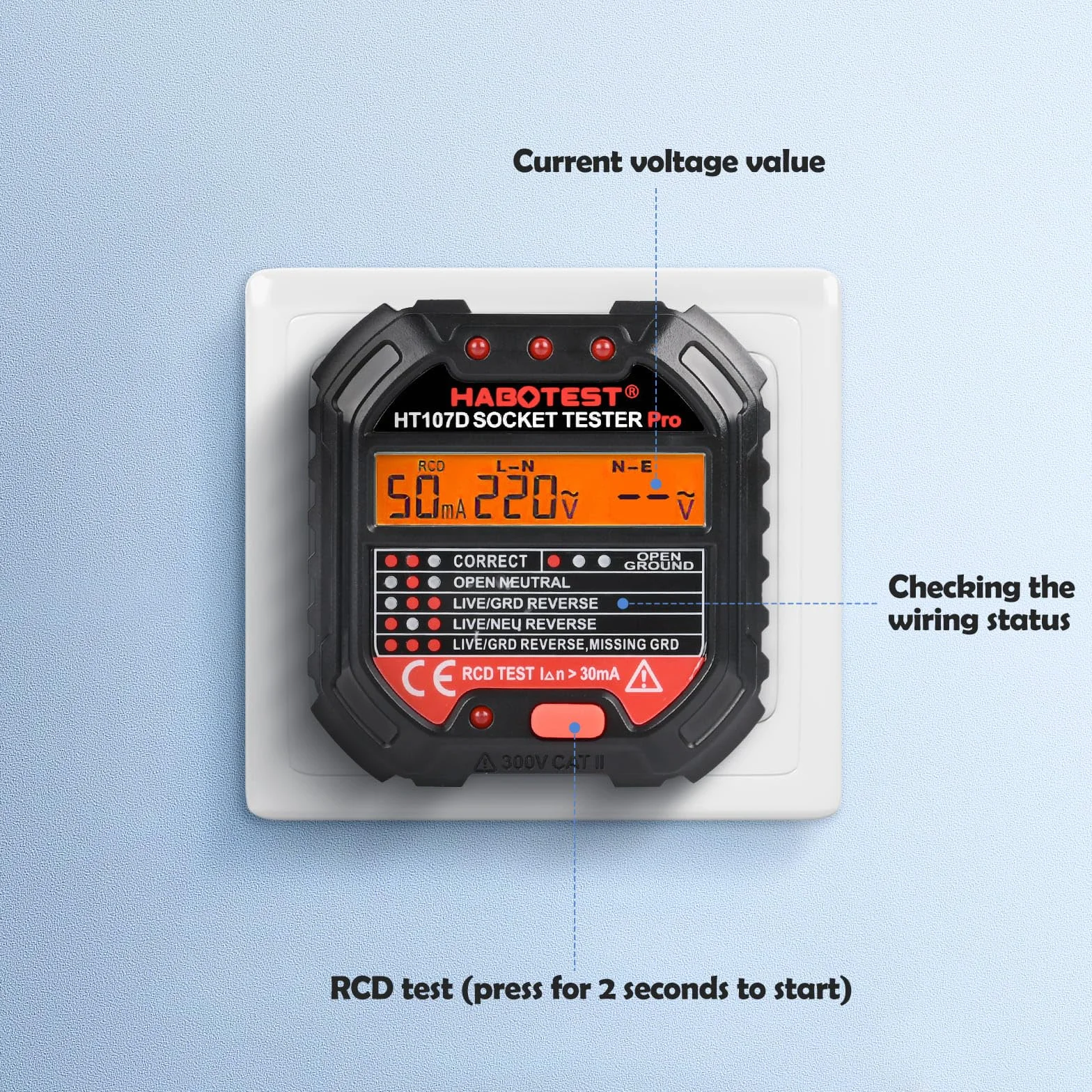 Tester gniazd z kontrolą RCD i wyświetlaczem napięcia LCD, 6 rodzajów diagnostyki błędów, 48-250 V/45-65 Hz