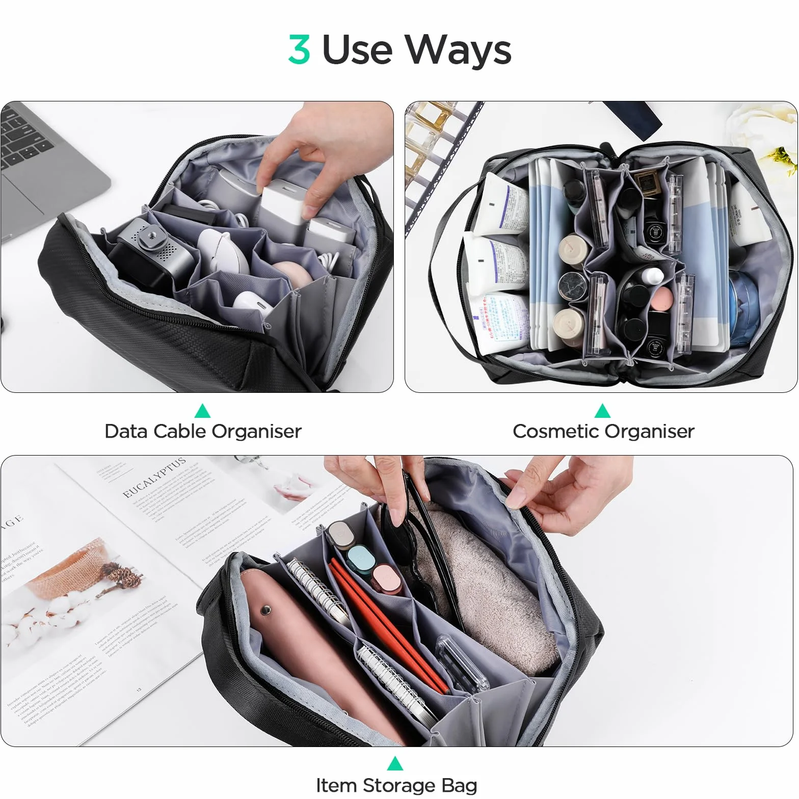 Romon Torba na kabel, organizer na kable, uniwersalny organizer podróżny, podwójna warstwa, akcesoria elektroniczne, torba do ładowania USB, powerbank, czarna,