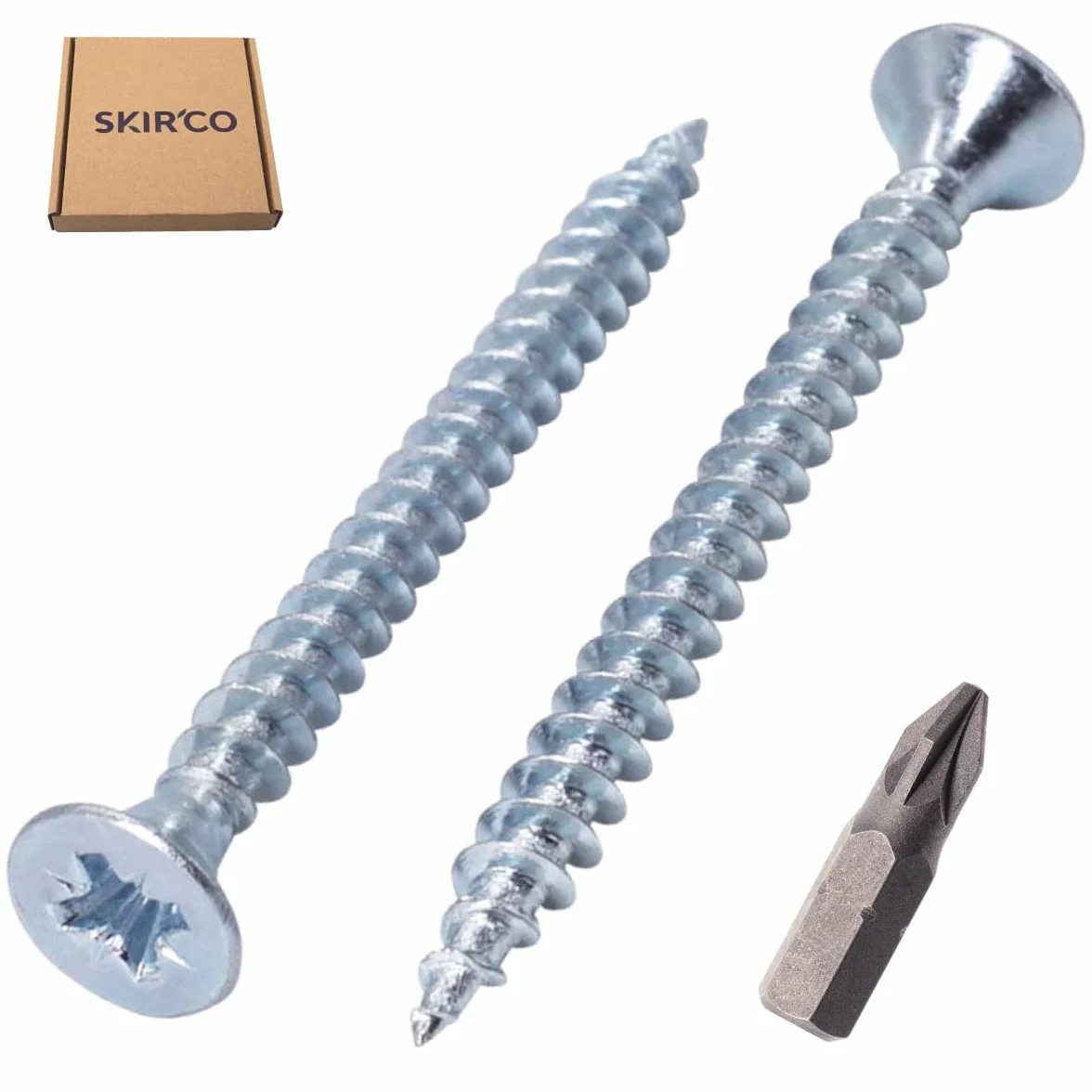 SKIR'CO (opakowanie 100 szt.) stal ocynkowana 4,0 x 45 mm srebrne śruby do drewna, Pozidriv z łbem stożkowym, śruby do płyt wiórowych, PZ w pełni gwintowane (100, 4,0 x 45 mm)