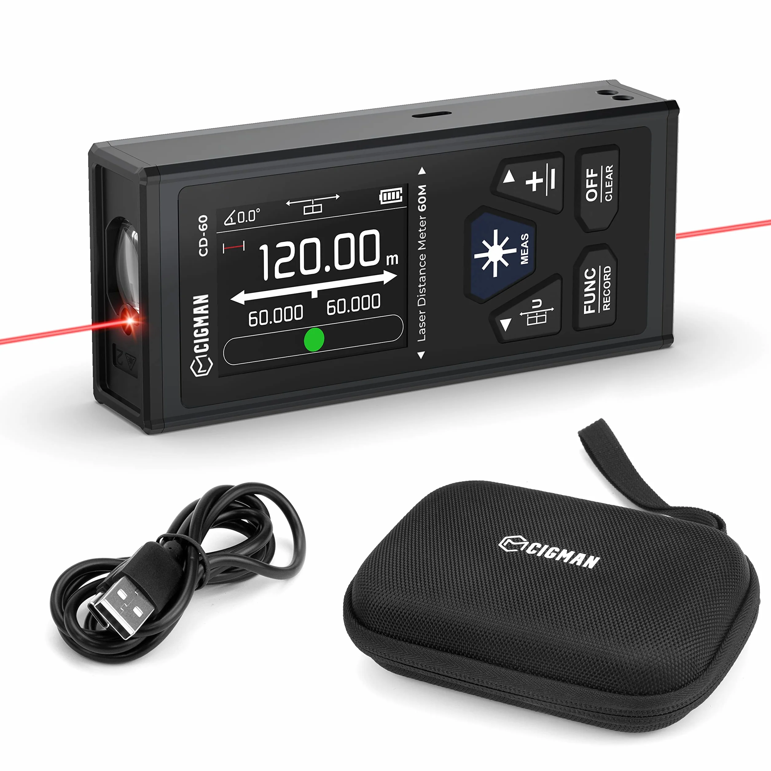 Dalmierz laserowy CIGMAN Dwustronny, do maks. 120m (do maks. 60m w każdym kierunku), akumulator, kabel ładujący typu C, CD-60