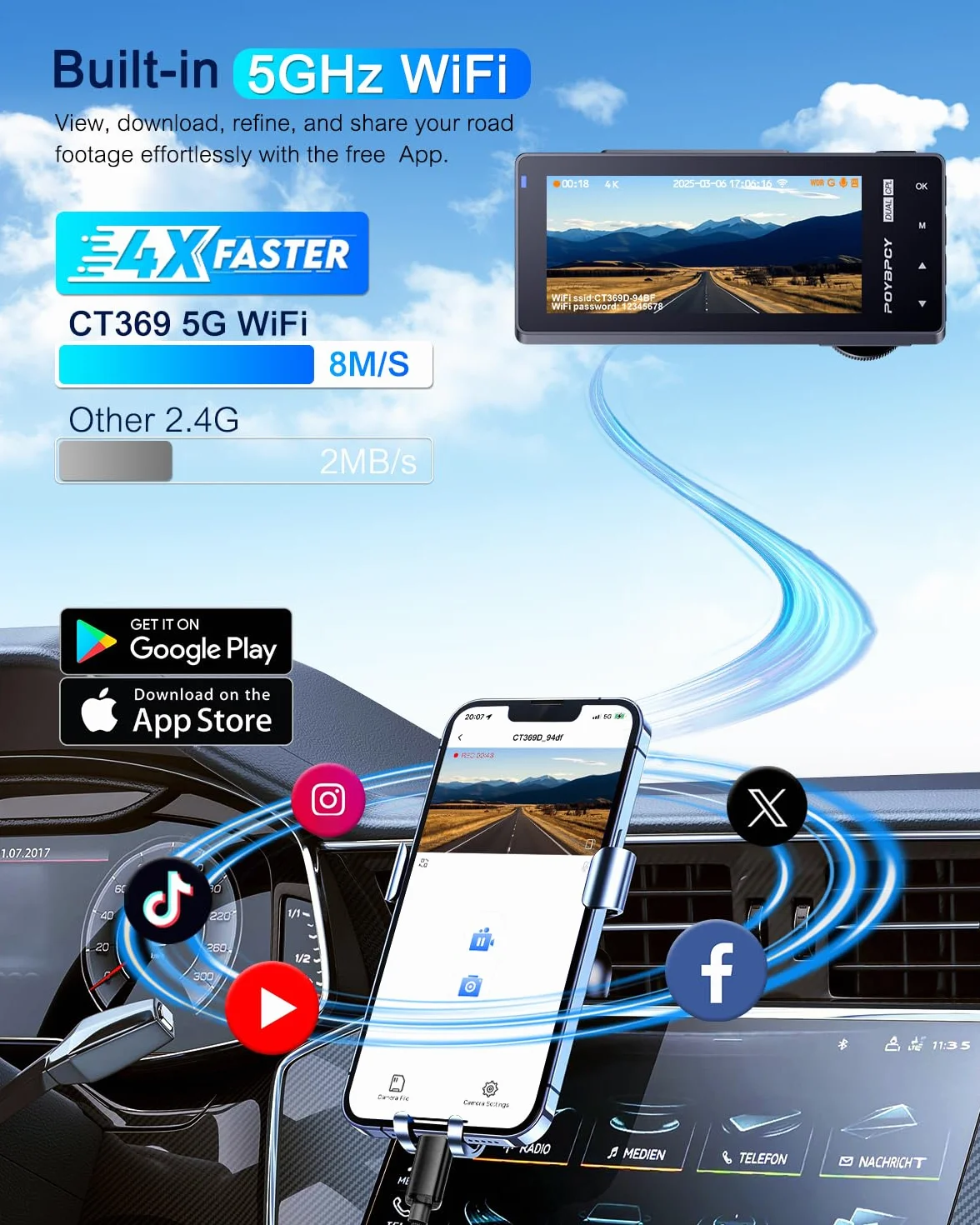 kamera samochodowa przód tył 4K+1080P z filtrem CPL,Kamera samochodowa obracana o 360°,karta SD 64 G,5GHz WiFi Dash Cam, ekran 3,69",170°+140°,czujnik G,nagrywanie w pętli,monitorowanie parkowania