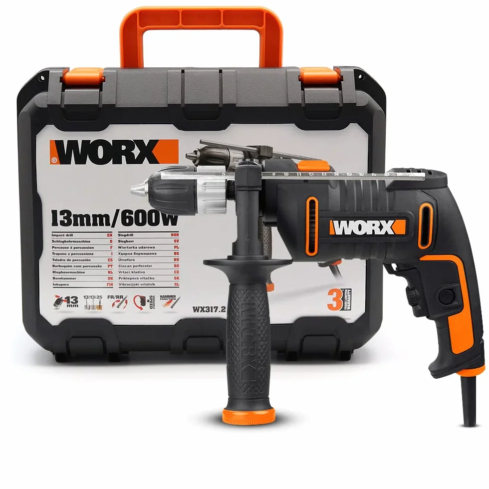 WORX - Wiertarka udarowa 600W - WX317.2 - ◕13 mm (uchwyt wiertarski bezkluczykowy, zmienna prędkość, akcesoria: wiertła, ogranicznik głębokości, obudowa)