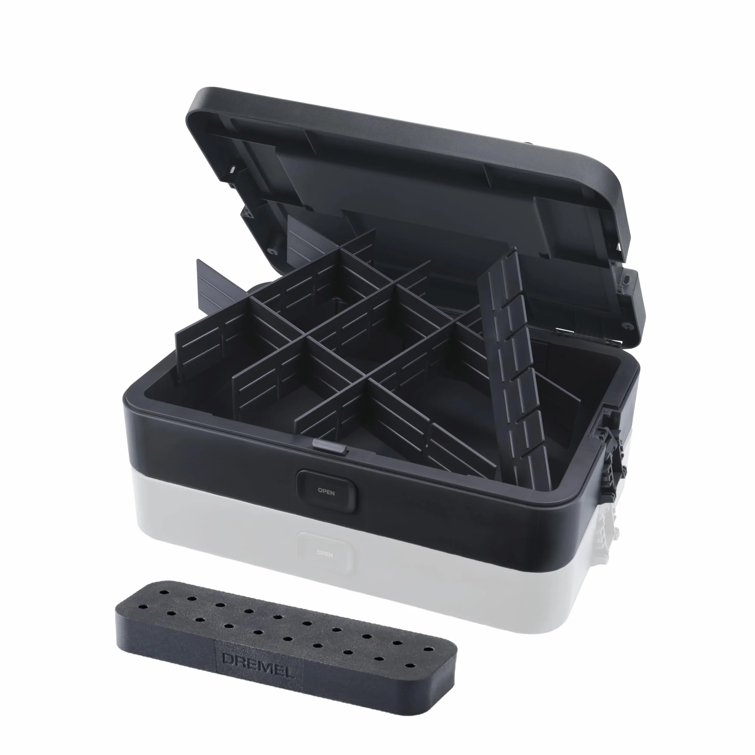 Dremel Black Box Przechowywanie narzędzi z 6 przegródkami i uchwytem na akcesoria, Personalizowany organizer DIY do akcesoriów narzędzi obrotowych, kompaktowy i modułowy system przechowywania