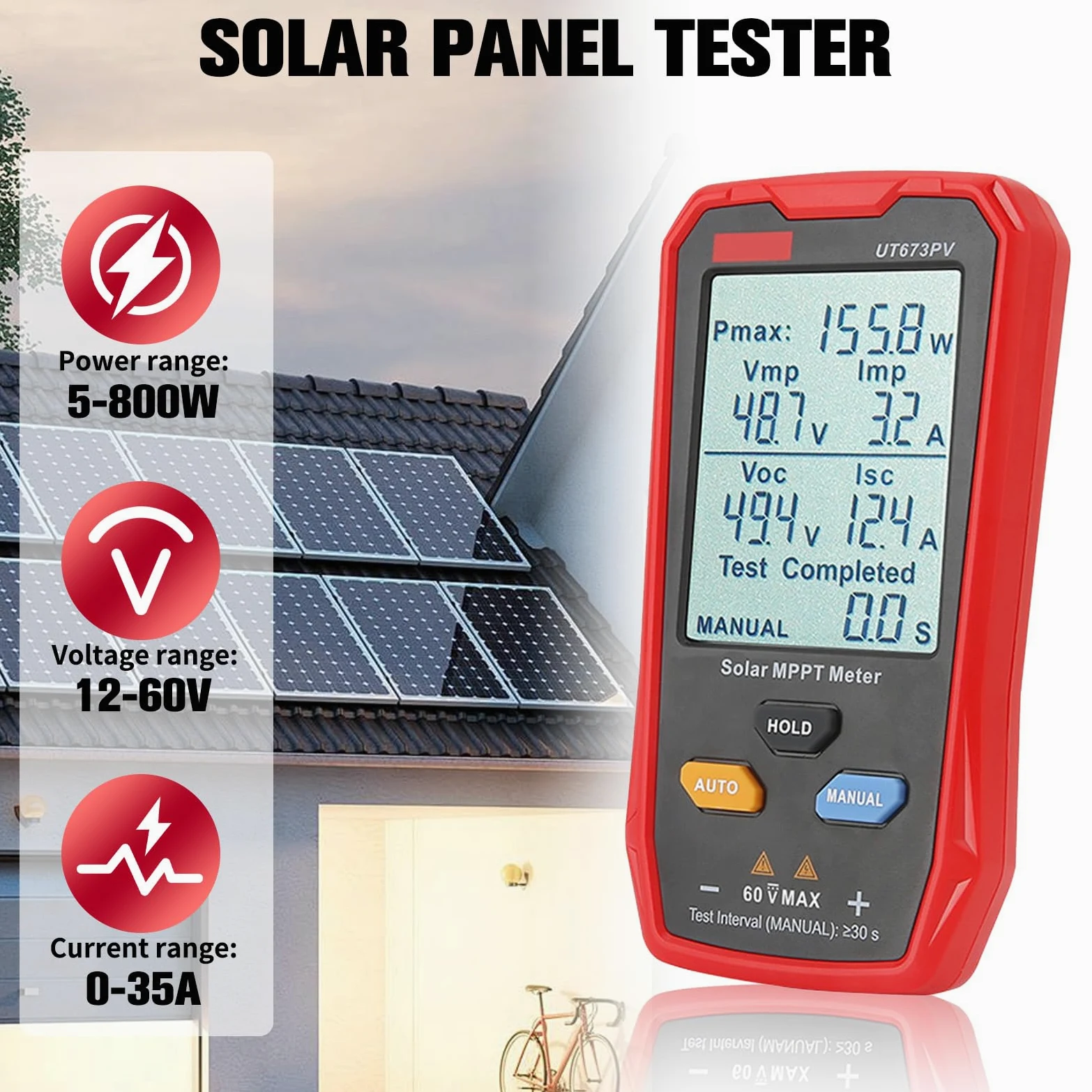 Tester paneli słonecznych – multimetr fotowoltaiczny 800 W z dużym ultraprzezroczystym wyświetlaczem LCD, solarny miernik MPPT, łatwy do przenoszenia, przyjazny dla użytkownika, test danych modułów
