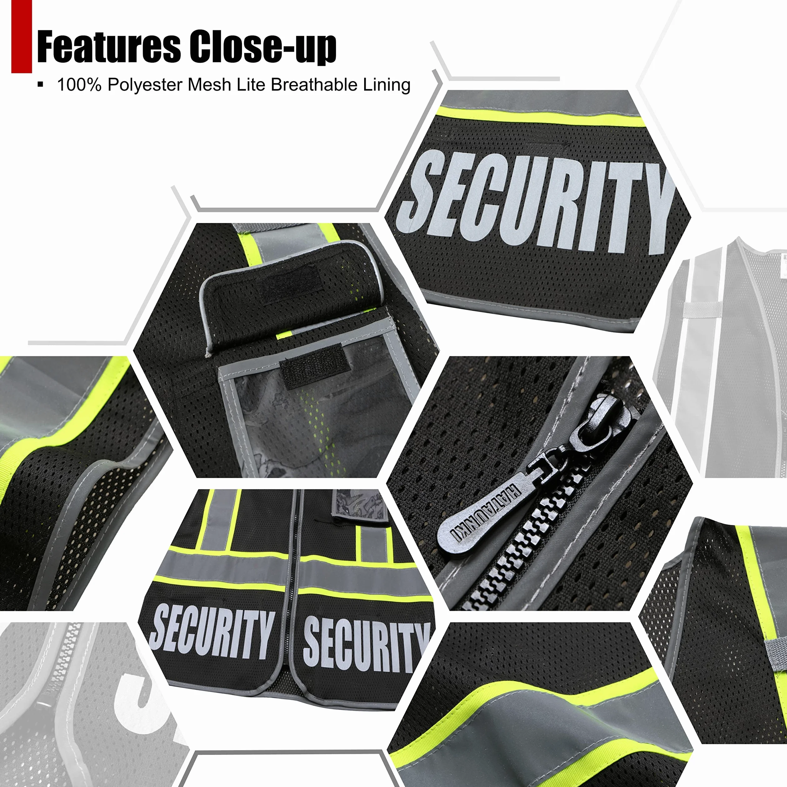 Retro-Reflection Security Safety Vests Heavy Duty Black Mesh with 5 Pockets and Front Zipper Meet ANSI/ISEA 107-2015 (Black-22, Medium)