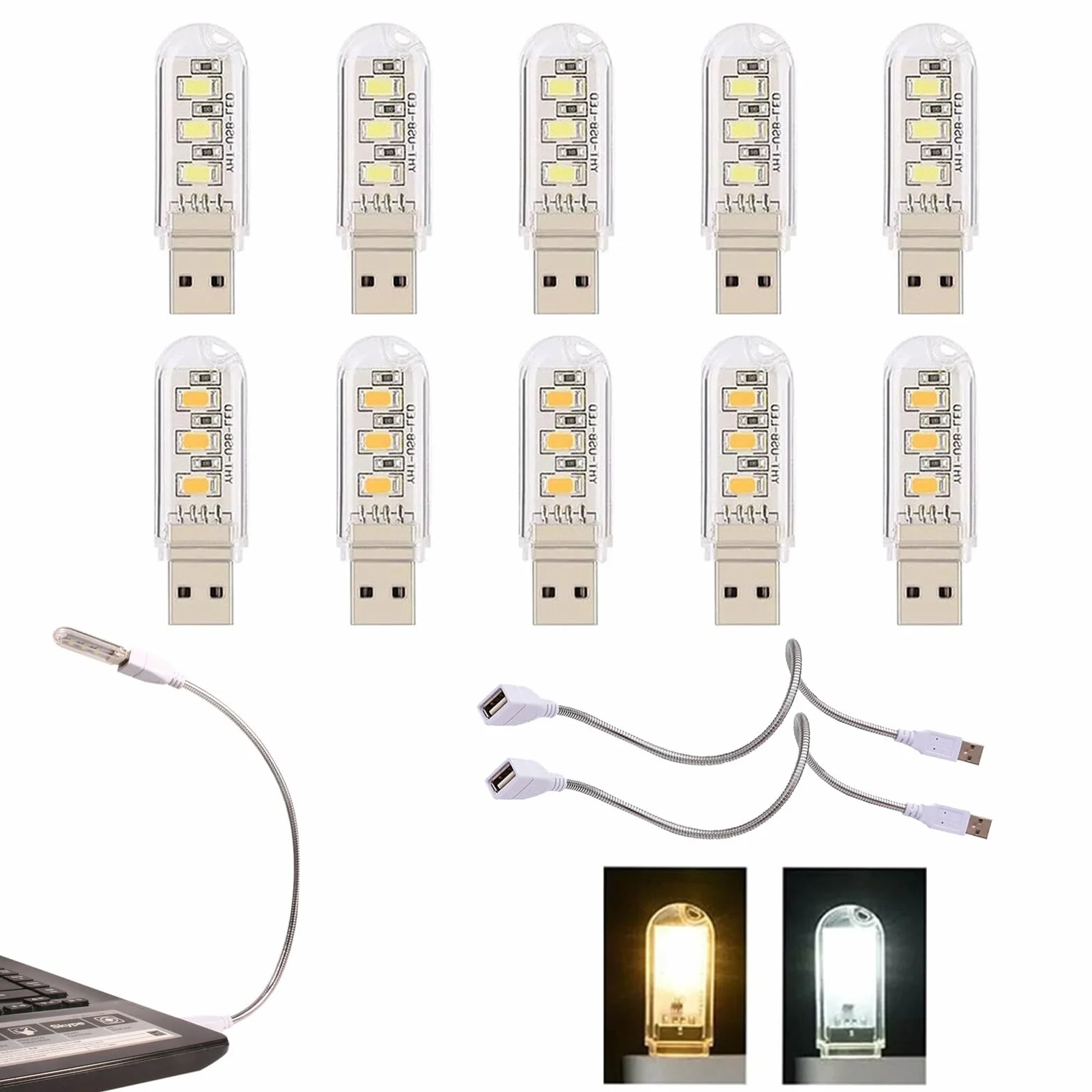 Cerioll Lampa LED USB, LED do laptopa, lampka klawiatury komputerowej, przenośna mini lampa USB, lampa do komputera z 10 mieszanymi światłami LED USB (5 białych + 5 żółtych)