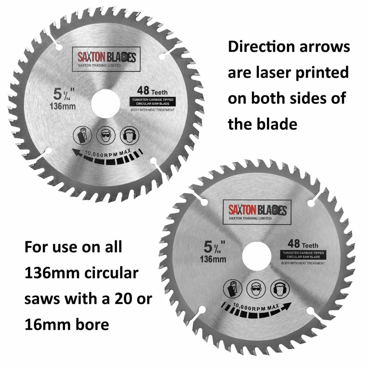 Saxton TCT Okrągła Drewniana Tarcza Piły 136 mm x 20 mm (pierścień 16 mm) x 48 zębów Kompatybilna z Bosch Makita itd