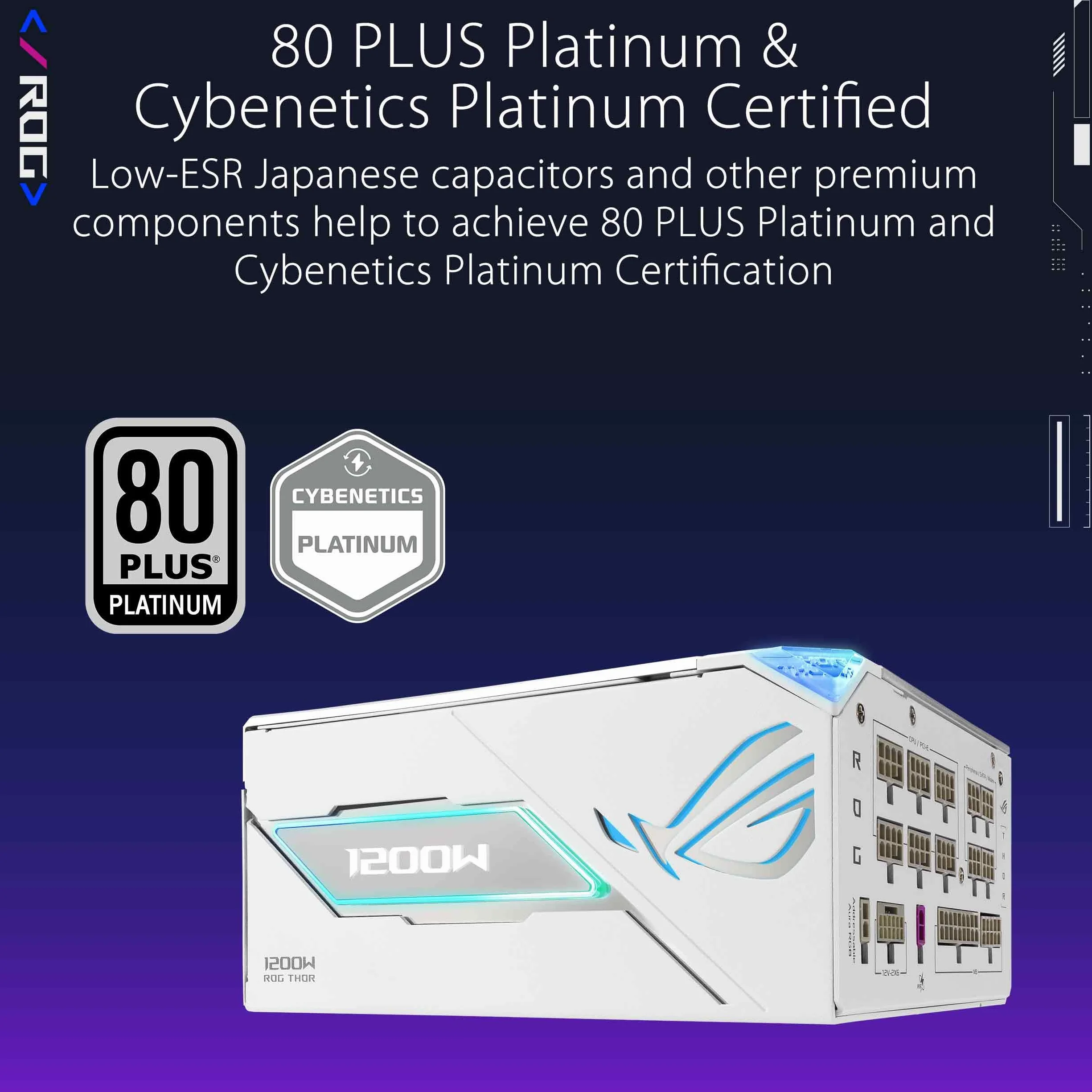 ASUS ROG Thor 1200W Platinum III White - Zasilacz (80 Plus Platinum Certified, ATX 3.1, PCIE 5.1, GaN MOSFET, GPU-First IVS, magnetyczny wyświetlacz OLED, tryb turbo, 10 lat)