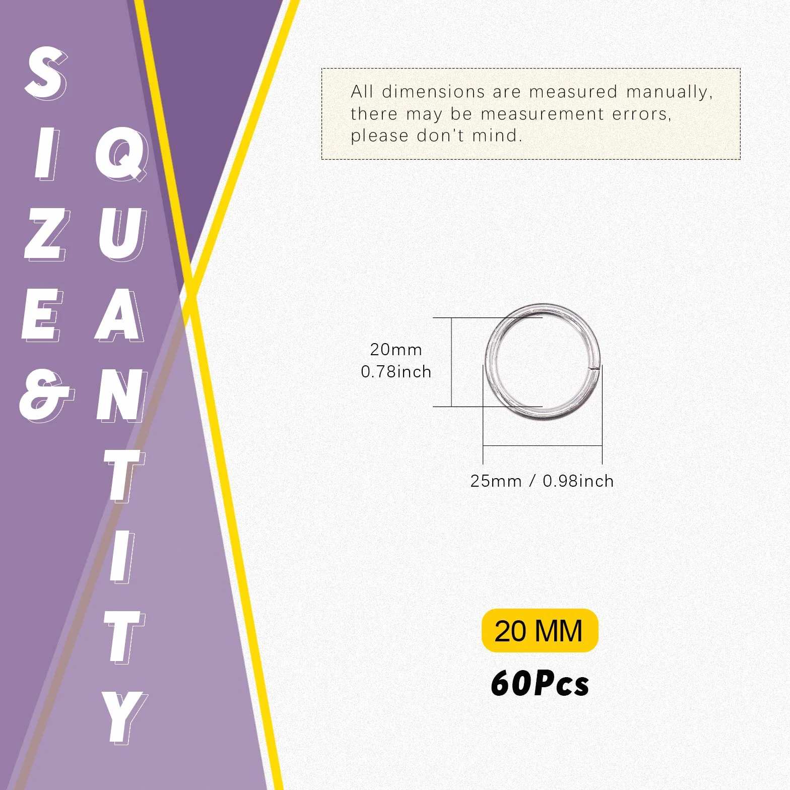 Swpeet 60 szt. wytrzymałe 3/4 cala, 20 mm, wielofunkcyjne metalowe pierścienie O Ring do toreb na sprzęt, ręcznie robione akcesoria, breloki, paski i smycze dla psów (srebrne, 3/4")