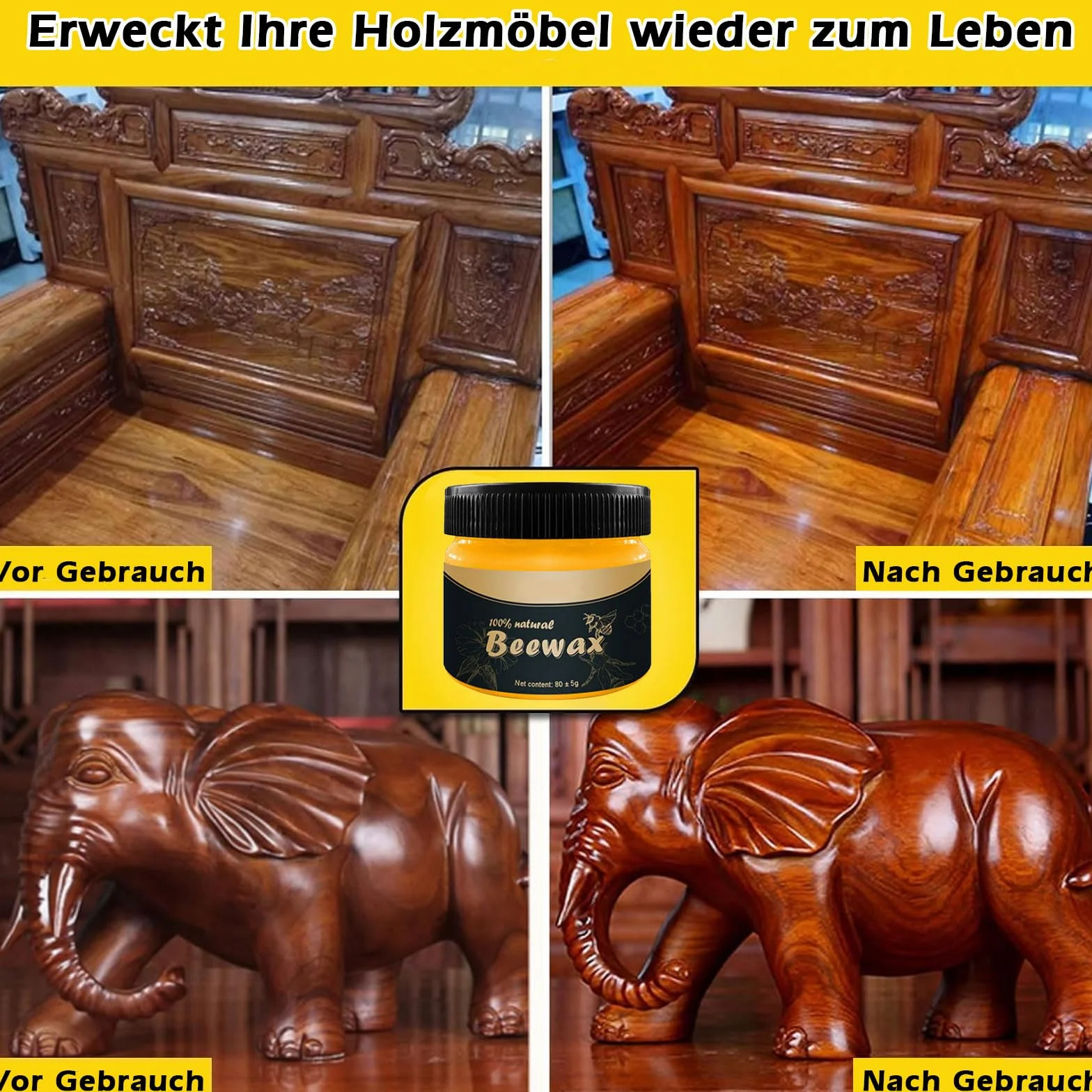 Wosk pszczeli do pielęgnacji mebli, naturalny wosk do drewna, wosk pszczeli, wosk do mebli, wosk pszczeli do pielęgnacji drewna, 2 x 85 g z 2 gąbkami