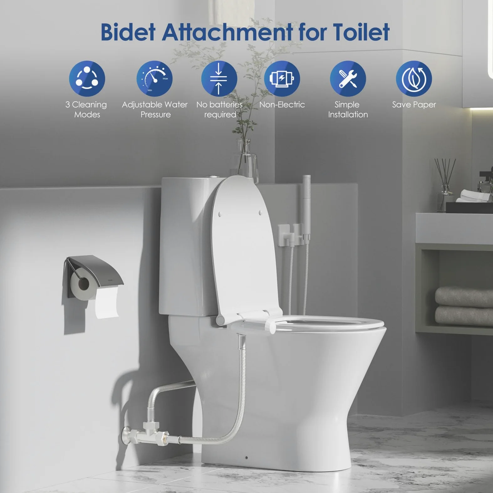 Sunowl Przystawka bidetu do toalety, ultracienka nieelektryczna nasadka do bidetu toaletowego w Wielkiej Brytanii, bidet zimnej wody z trybem czyszczenia podwójną dyszą, regulowane ciśnienie wody,