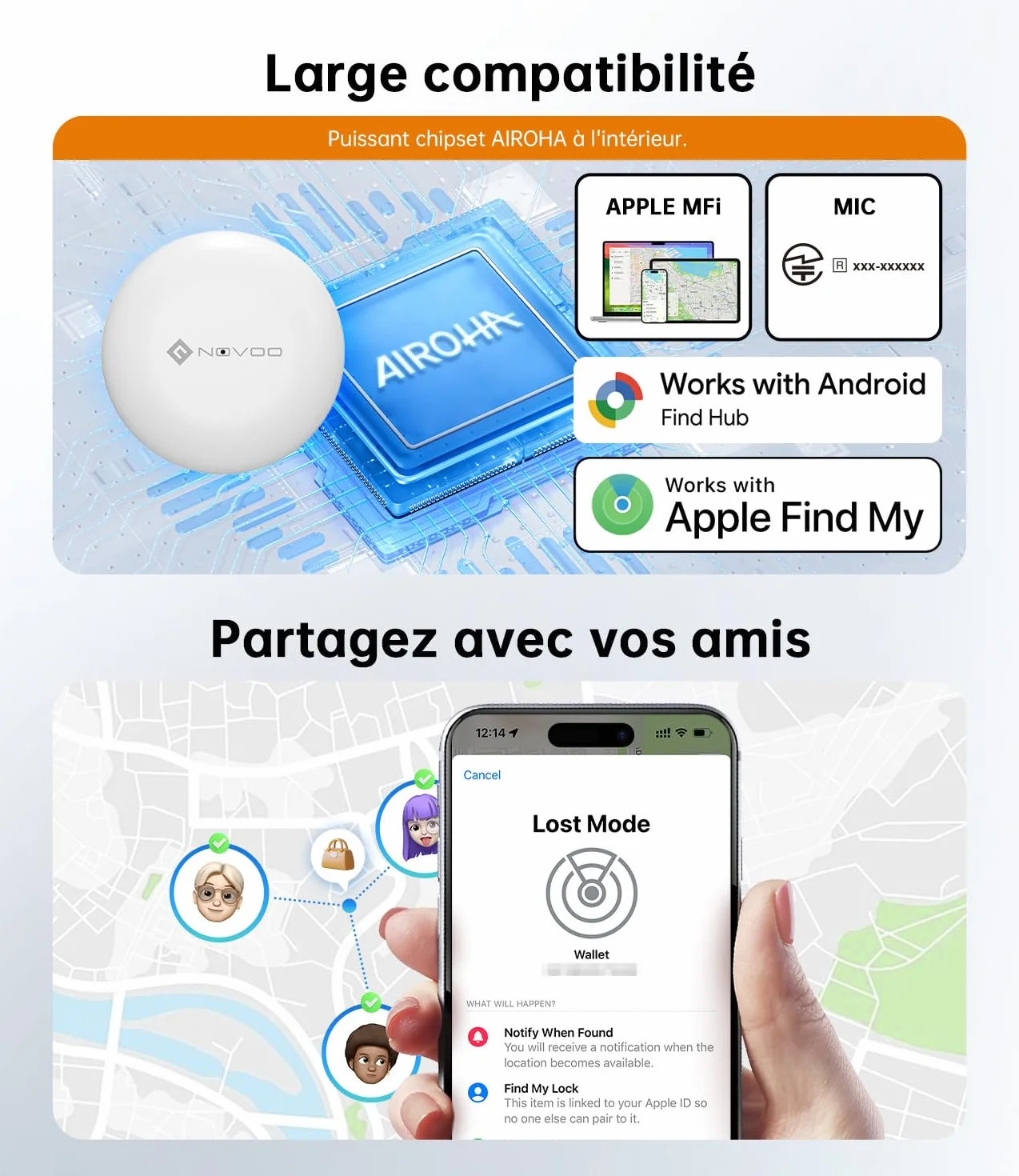 NOVOO Inteligentny tag Bluetooth kompatybilny z Apple & Google Find My, alarm 80dB, wodoodporny IPX5, wymienna bateria