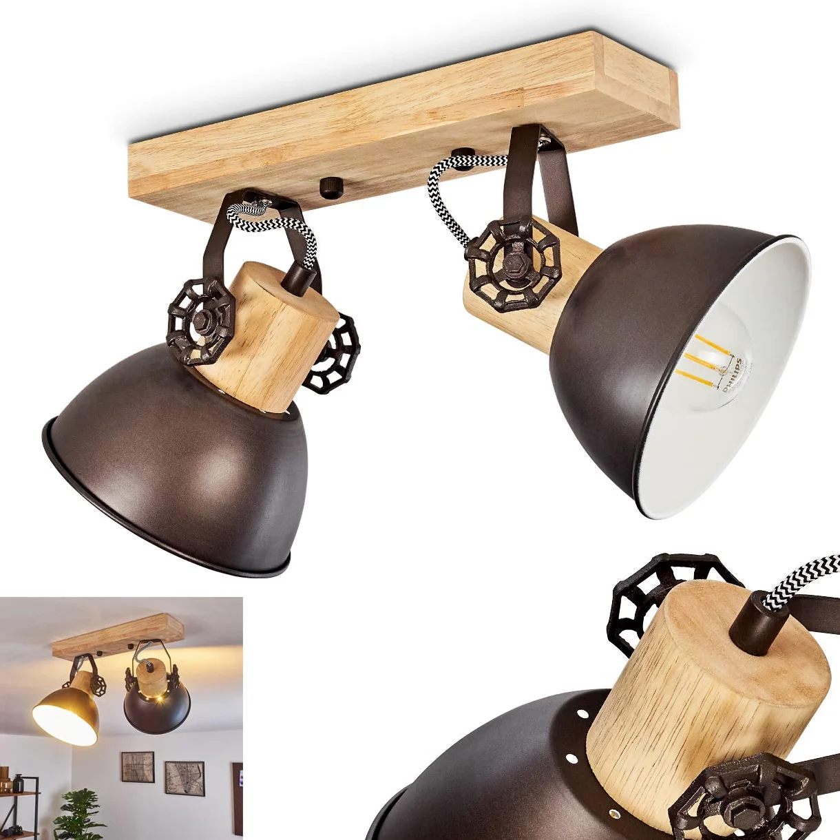 Lampa sufitowa Orny, lampa sufitowa z metalu/drewna w kolorze antracytowym/białym/brązowym, 2 światła, z regulowanymi reflektorami, 2 x gniazdo E27, reflektor w stylu retro/vintage, bez żarówek