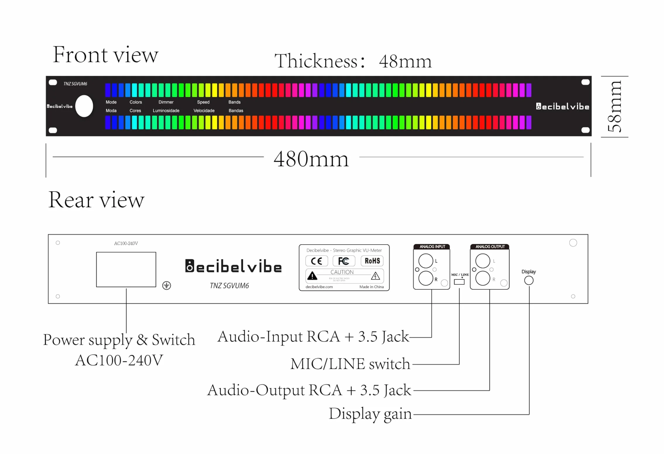 Decibelvibe TNZ SGVUM6 - miernik VU z wejściem/wyjściem RCA-Jack 3.5, wejście bezprzewodowe przez wbudowany mikrofon, 19 kolorów, do systemów audio HiFi, kina domowego, profesjonalnego sono, DJ (złoty