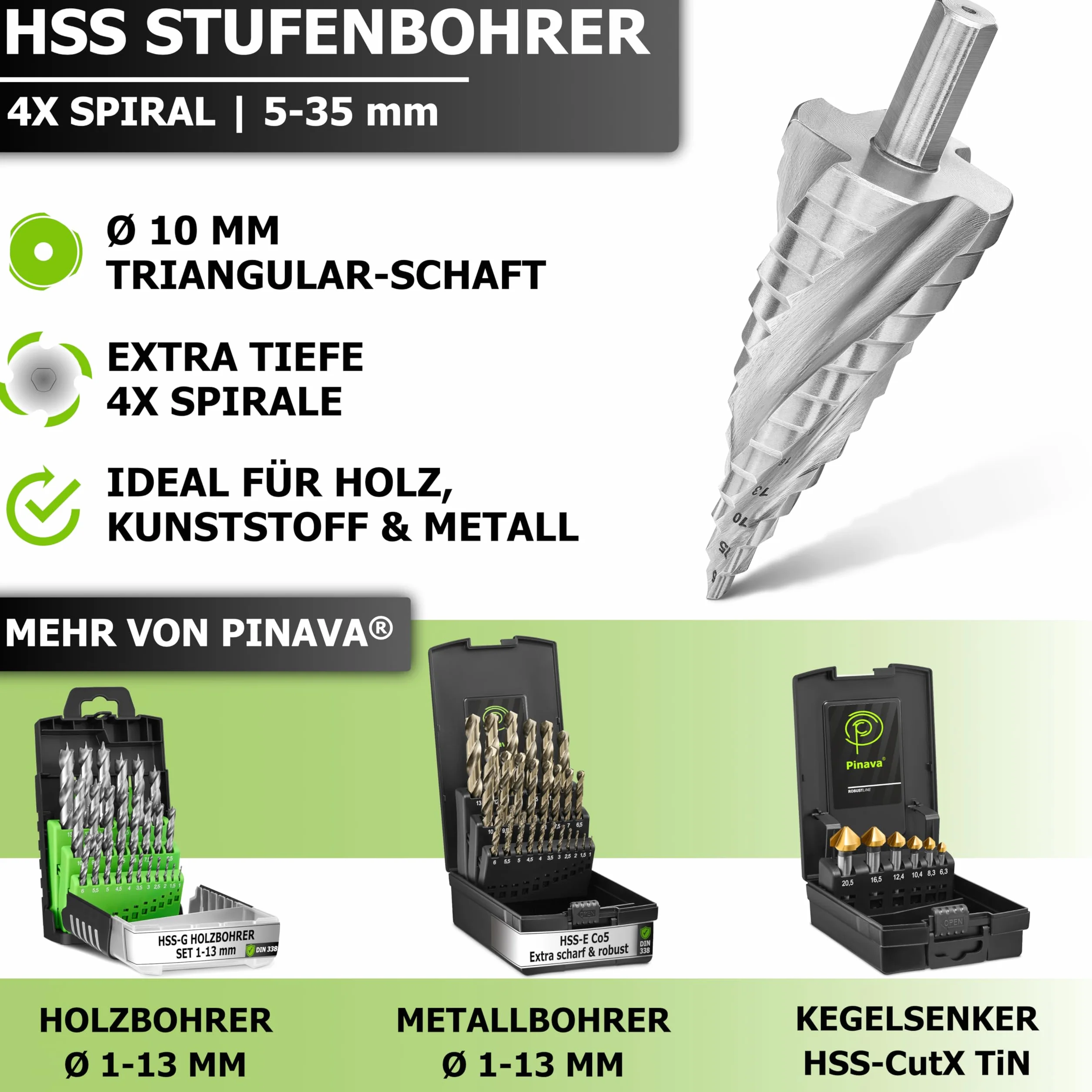 PINAVA® HSS wiertło stopniowe 4XSPIRAL [szybsze, bardziej precyzyjne, bardziej trwałe] – wiertło stożkowe z trzonkiem trójkątnym 10 mm do metalu, drewna, tworzywa sztucznego – wiertło do otworów Ø 5