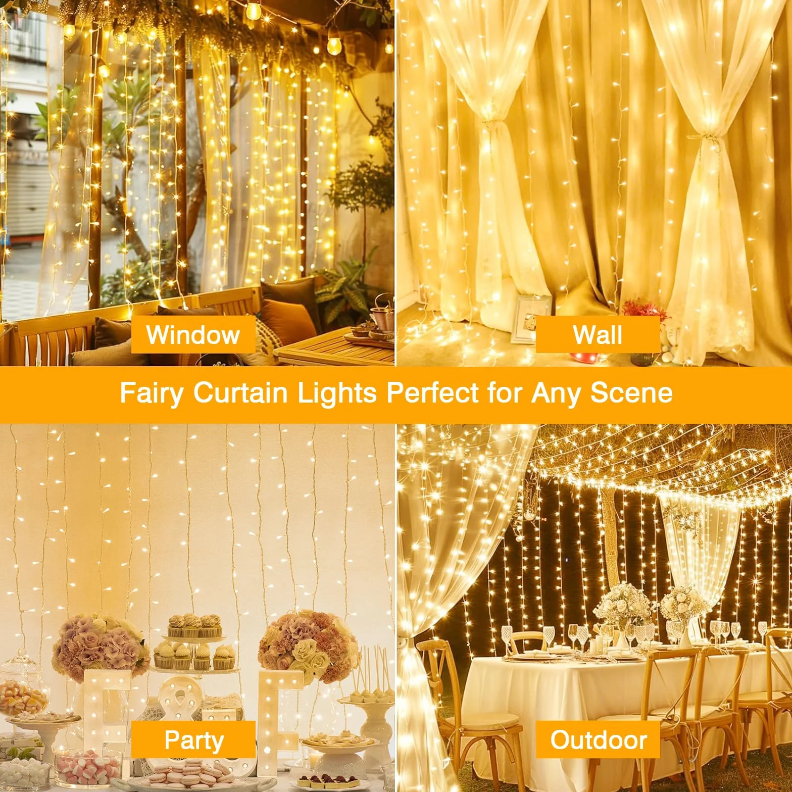 Kurtyna świetlna do wnętrz, 3 x 2 m, 200 diod LED, 8 trybów pracy, na firankę, ścianę, do sypialni, na wesele, imprezę i dekorację bożonarodzeniową