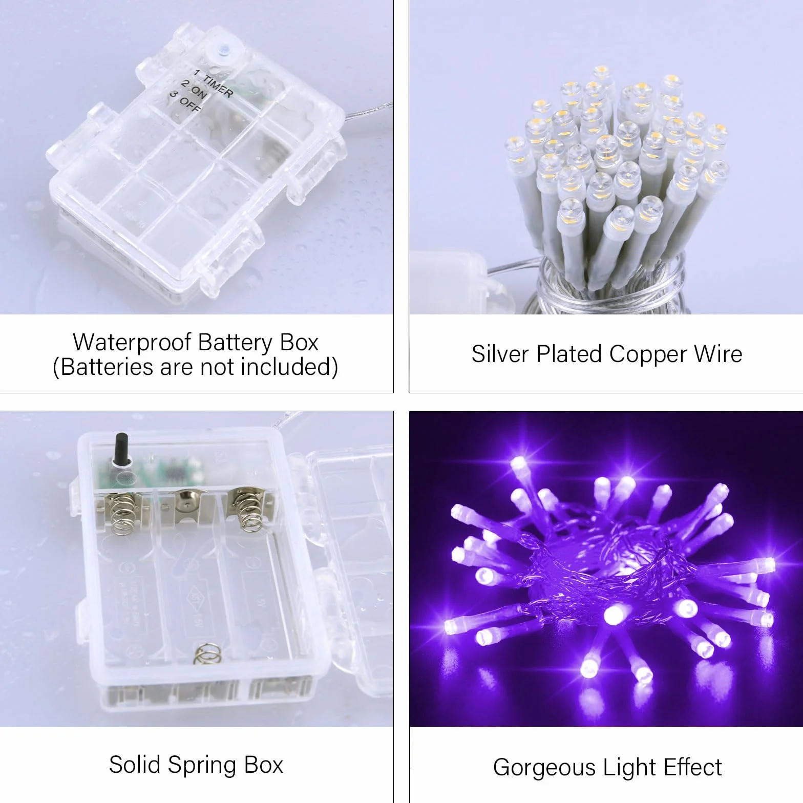Dalugo Fioletowy łańcuch świetlny na baterie, 3 m, 30 diod LED, na zewnątrz, z timerem 6 h, wodoszczelność IP65, do użytku wewnątrz i na zewnątrz, dekoracja bożonarodzeniowa