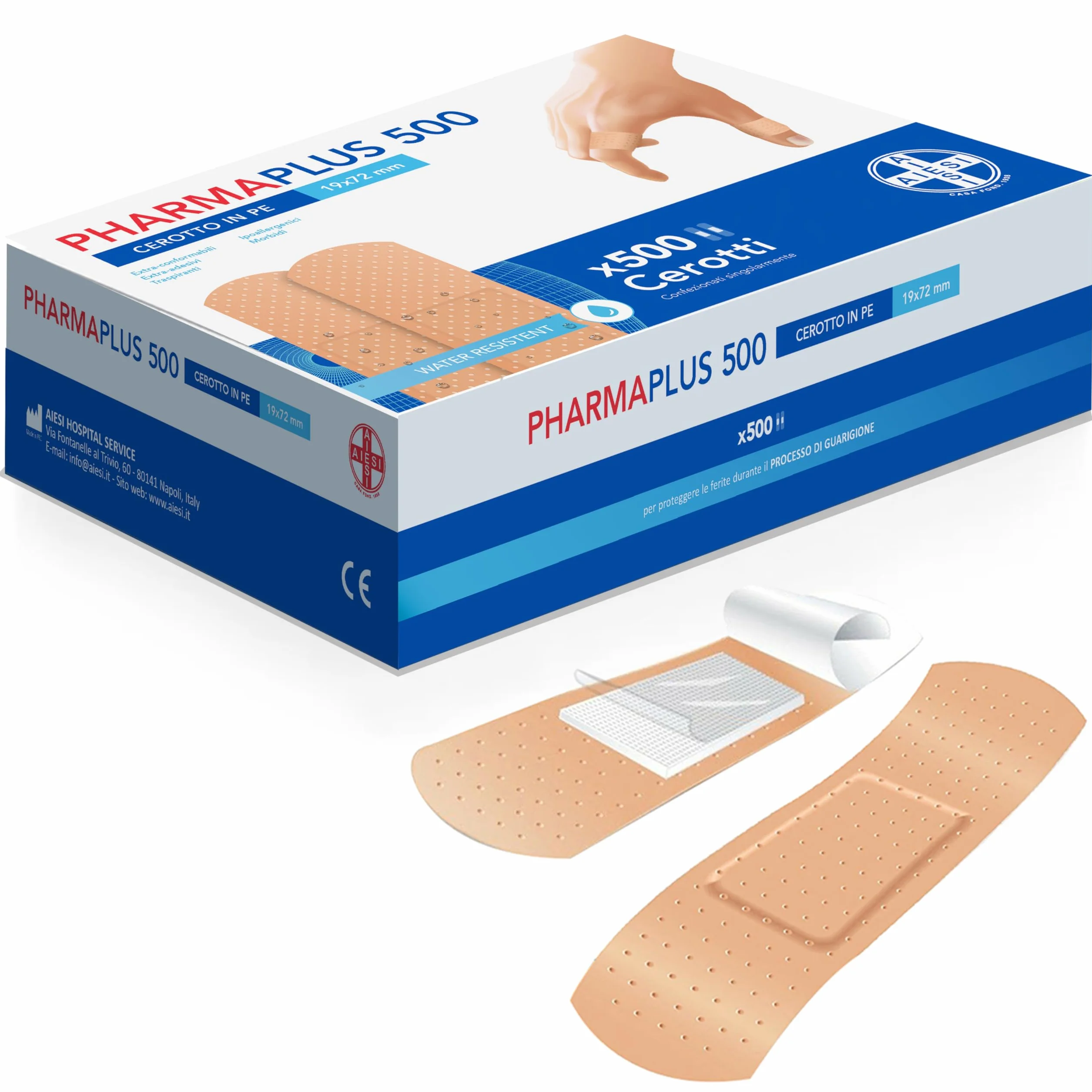 AIESI® Plastry medyczne 19x72 mm samoprzylepne z oddychającego PE PHARMAPLUS (Opakowanie 500 sztuk), Wodoodporne, Bardzo mocna przyczepność